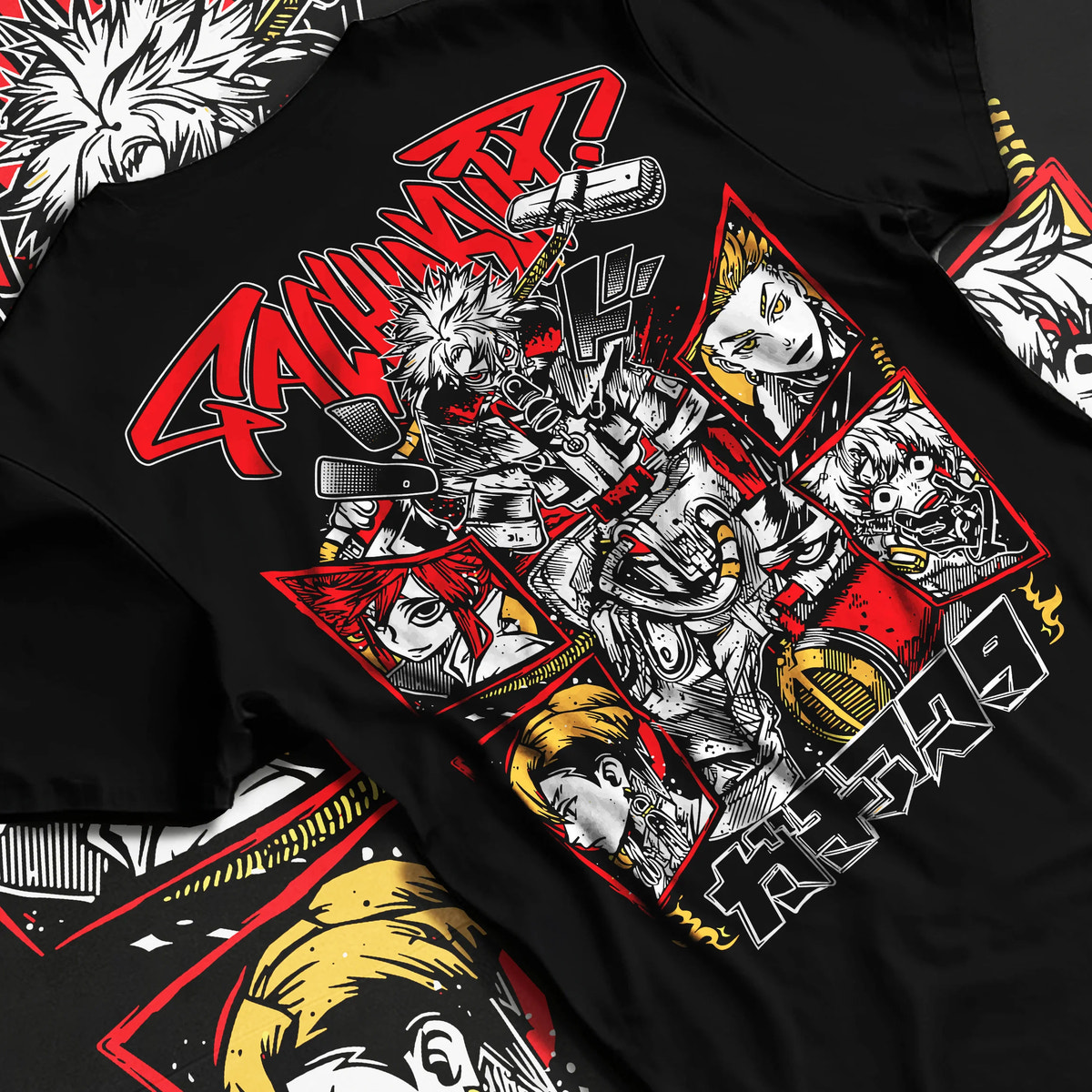Black T-shirt flat back view showing Gachiakuta: cast combat collage