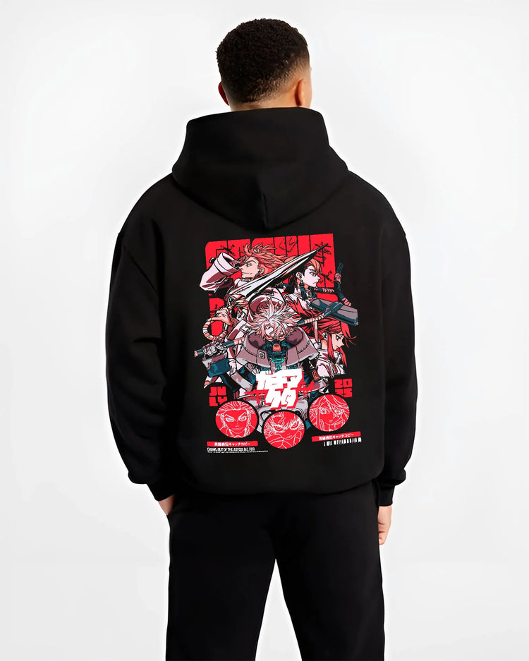 Black hoodie model back view with Gachiakuta action character ensemble illustrated back graphic