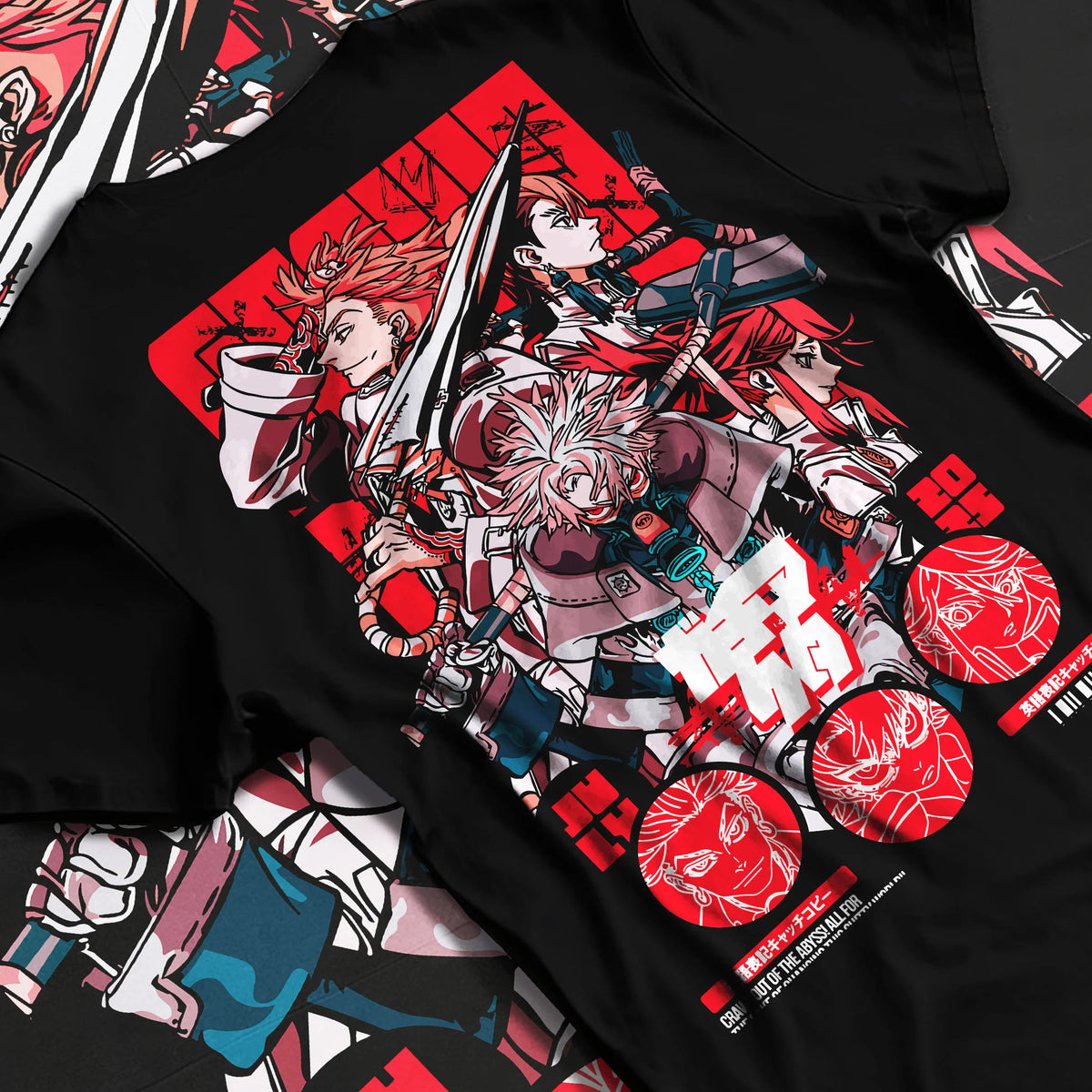 Black T-shirt flat back view with Gachiakuta action character ensemble illustrated back graphic