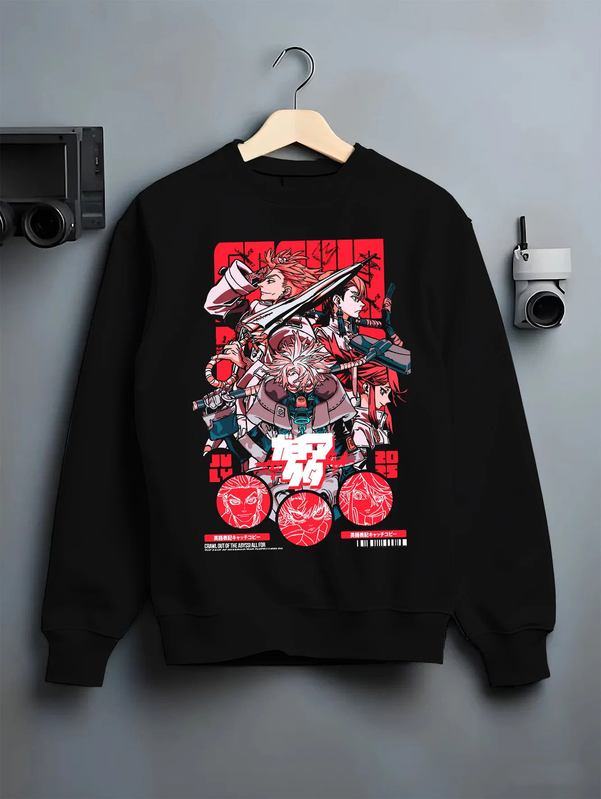 Black crewneck sweatshirt on hanger with Gachiakuta action character ensemble illustrated back graphic
