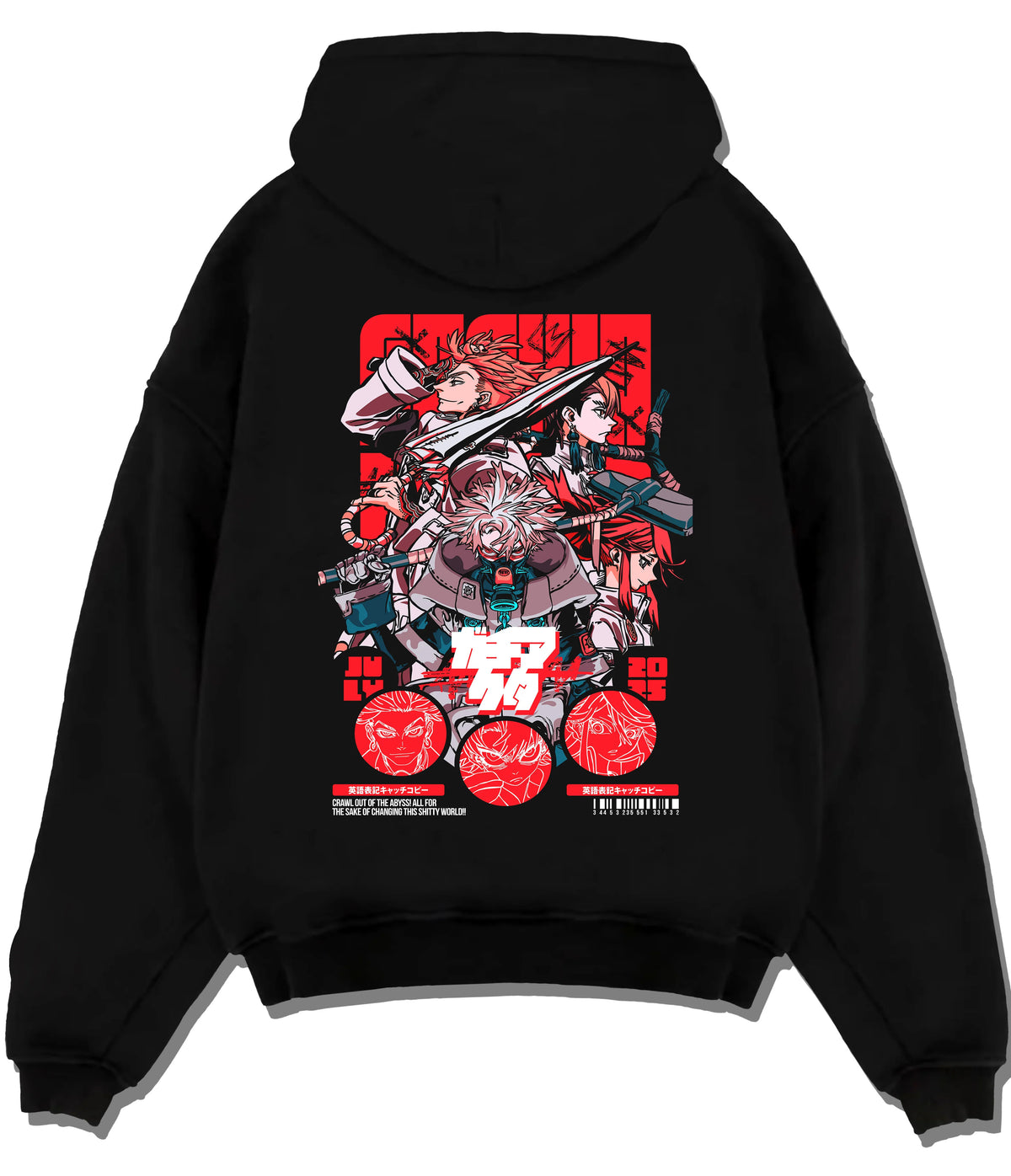 Black hoodie flat back view showing Gachiakuta: red mechanical/anime collage