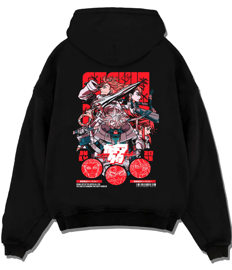 Black hoodie flat back view showing Gachiakuta: red mechanical/anime collage