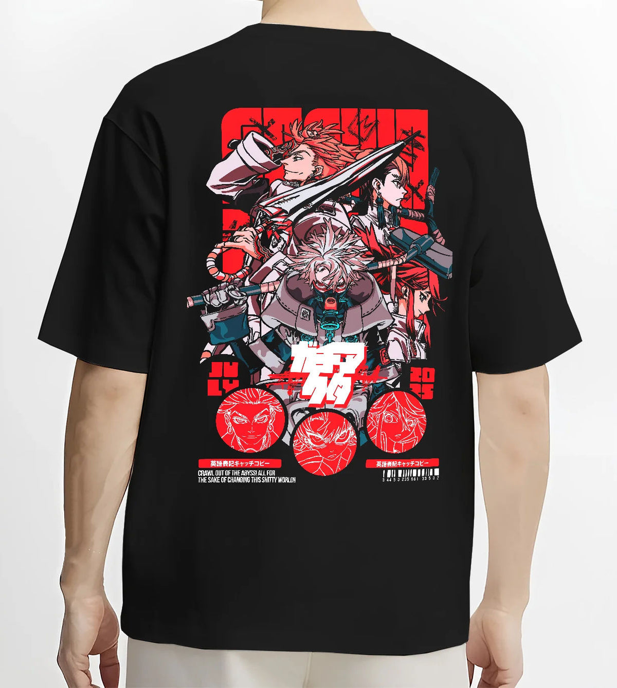 Black T-shirt model back view showing Gachiakuta: red mechanical/anime collage