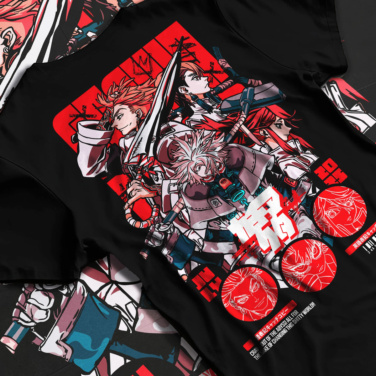 Black T-shirt flat back view showing Gachiakuta: red mechanical/anime collage