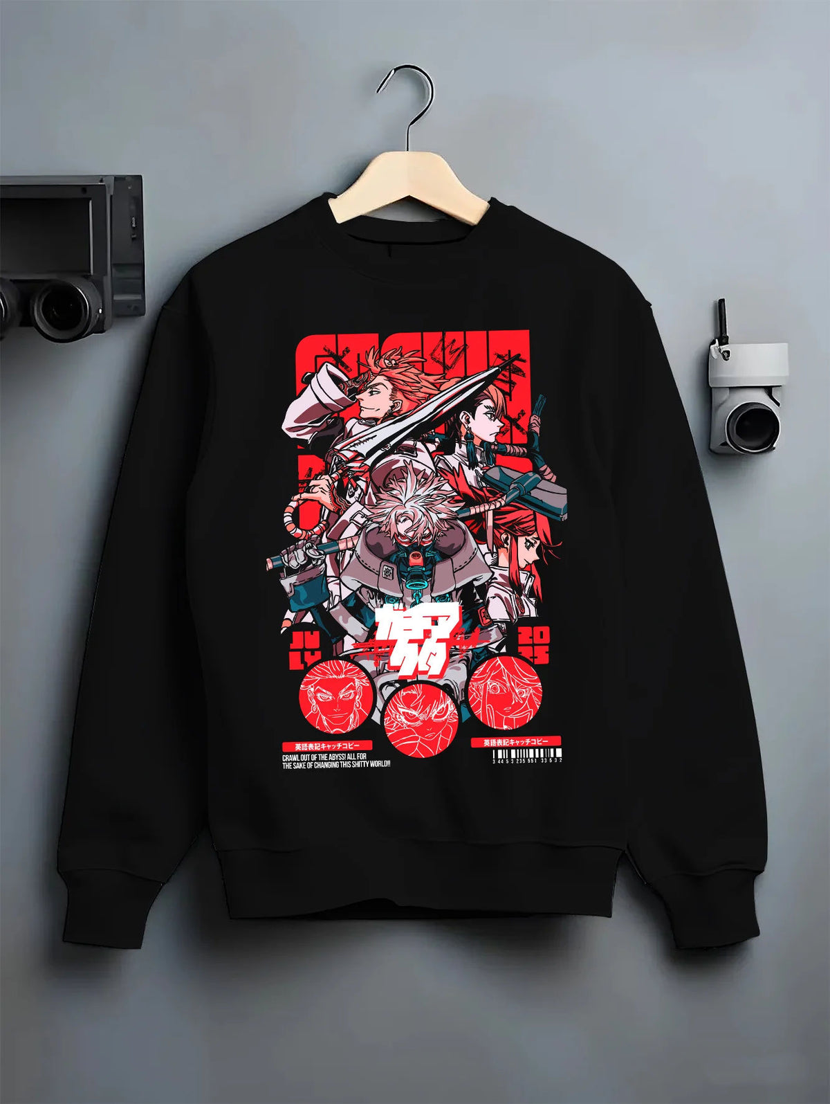 Black crewneck sweatshirt on hanger showing Gachiakuta: red mechanical/anime collage
