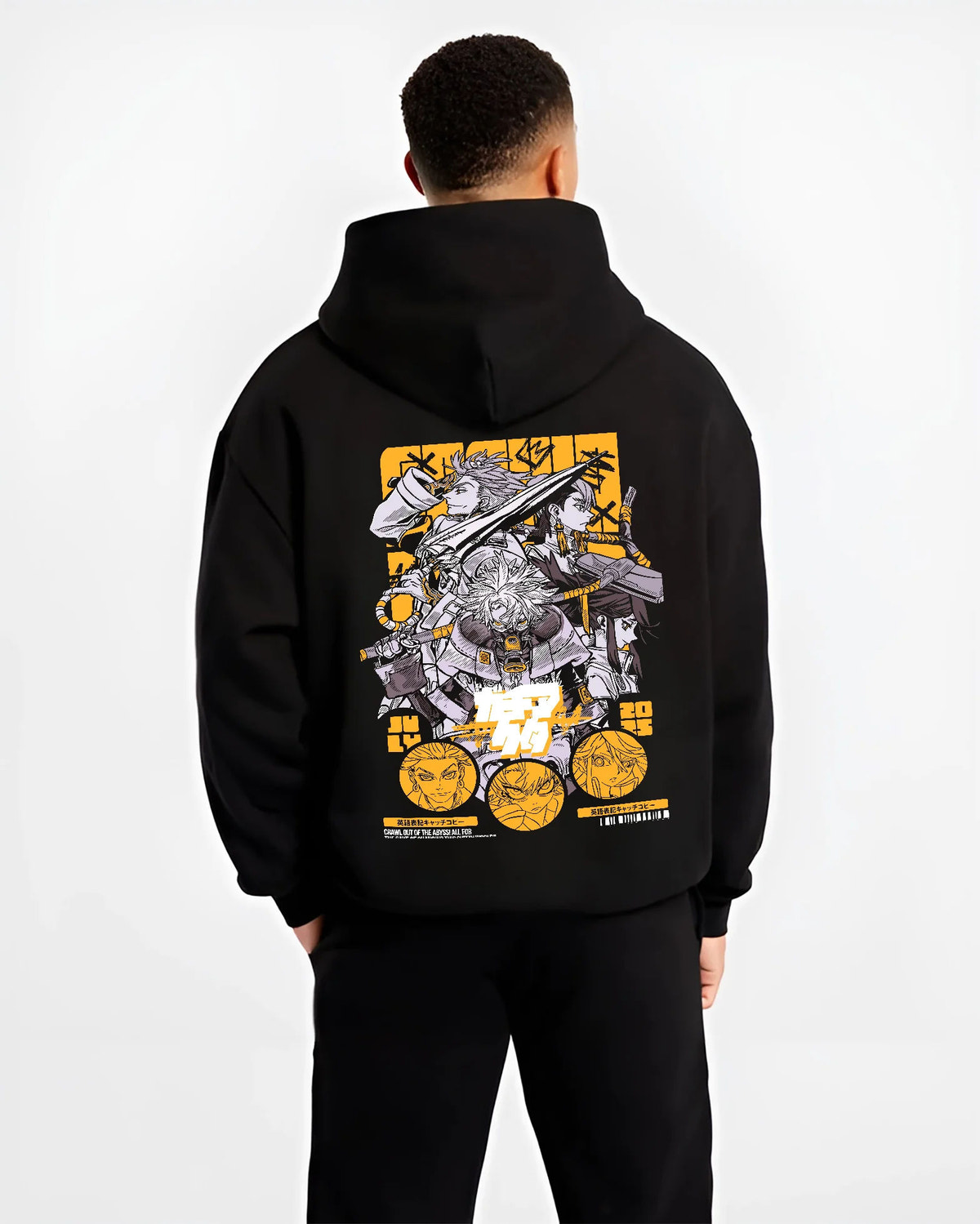 Black hoodie model back view showing Gachiakuta: manga action character poster