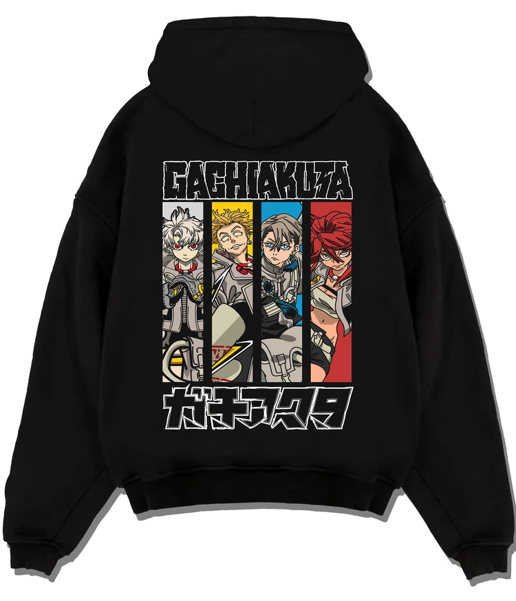 Black hoodie flat back view showing Gachiakuta: Rudo and ensemble character panels