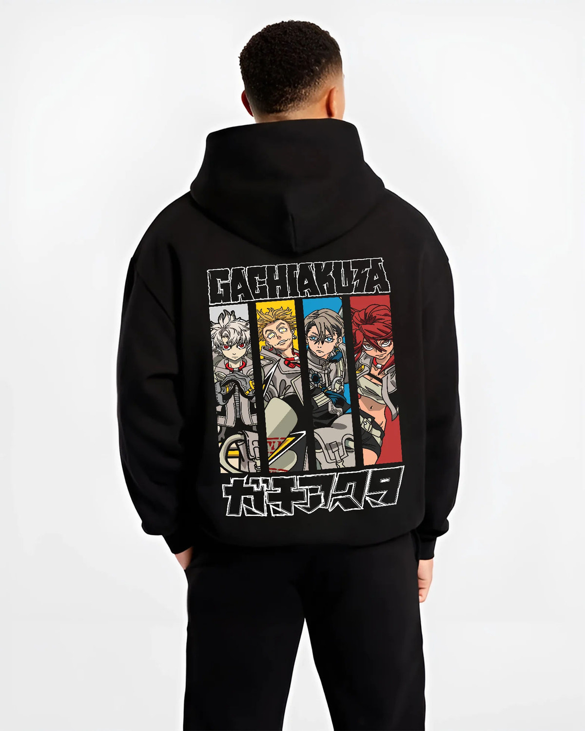Black hoodie model back view showing Gachiakuta: Rudo and ensemble character panels