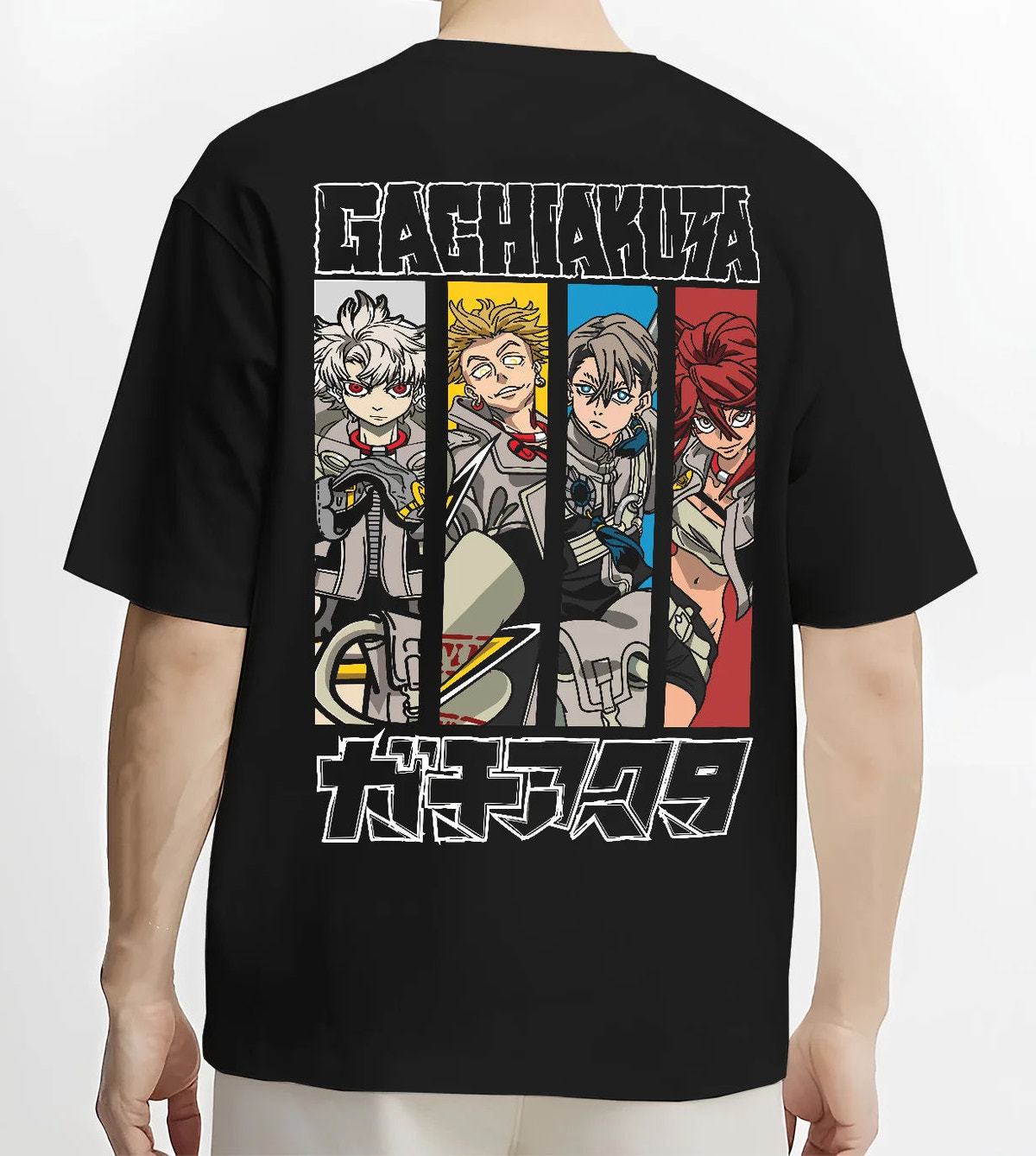 Black T-shirt model back view showing Gachiakuta: Rudo and ensemble character panels
