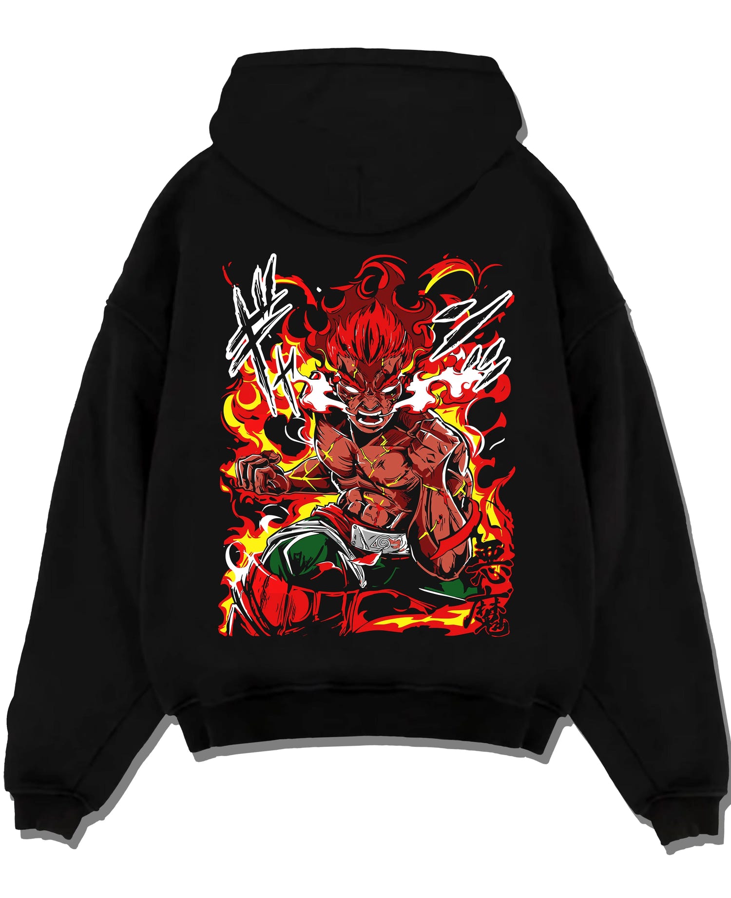Black pullover hoodie laid flat, featuring Might Guy in fiery Eighth Gate battle pose with anime poster inspired design.