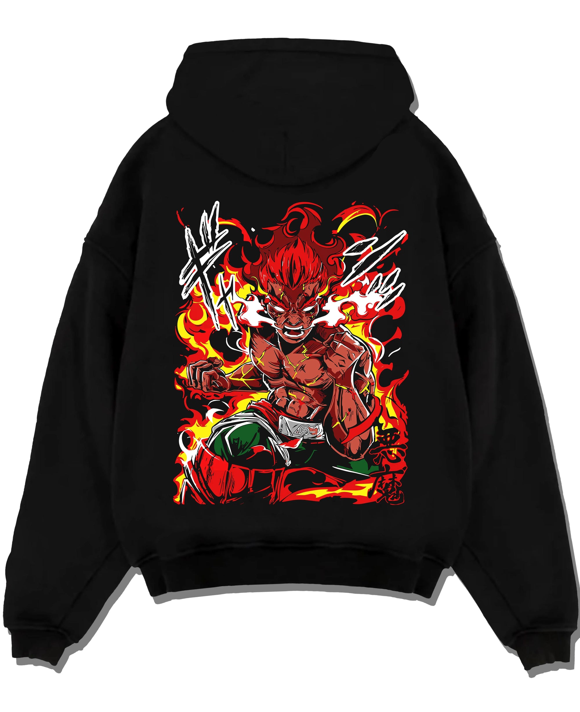 Black pullover hoodie laid flat, featuring Might Guy in fiery Eighth Gate battle pose with anime poster inspired design.