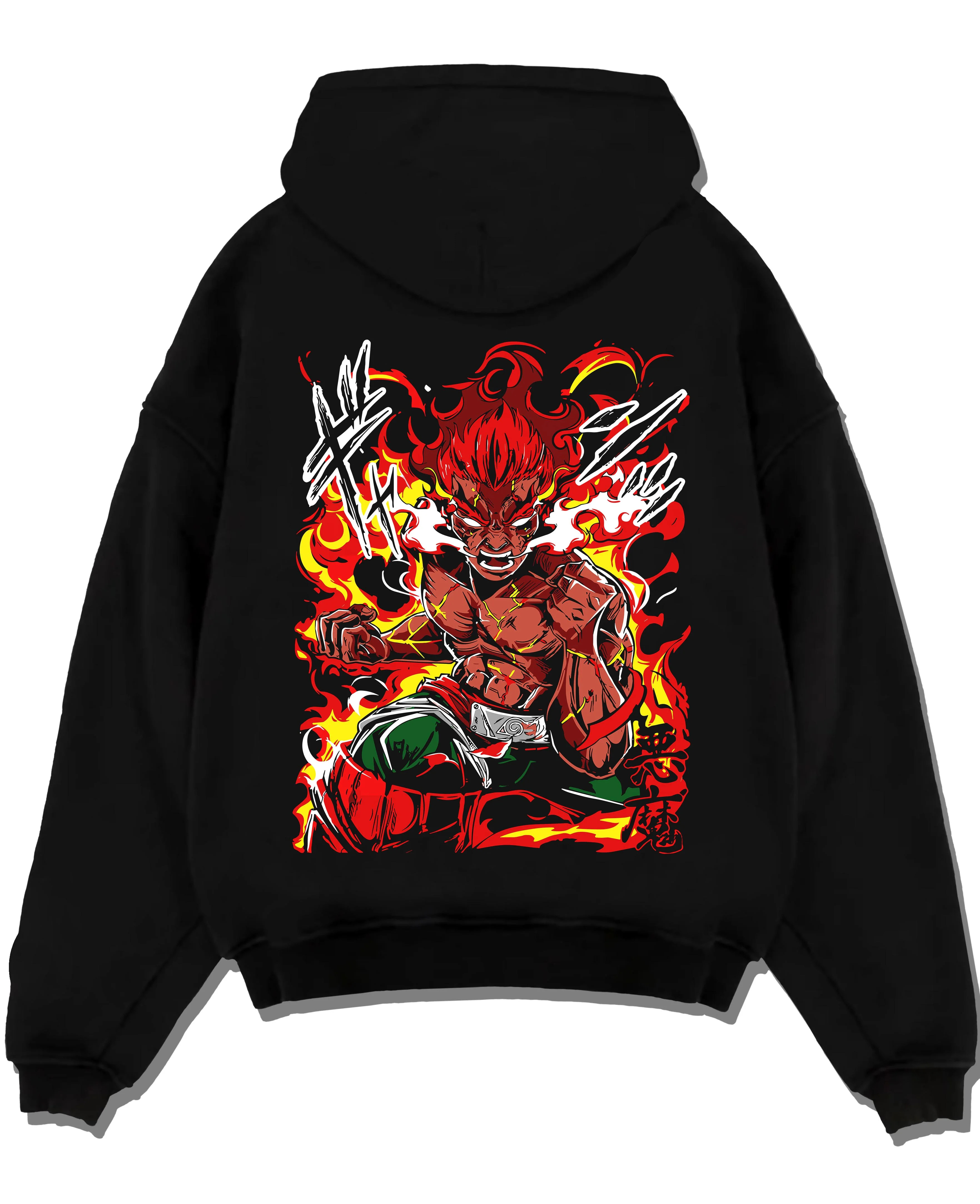 Black pullover hoodie laid flat, featuring Might Guy in fiery Eighth Gate battle pose with anime poster inspired design.