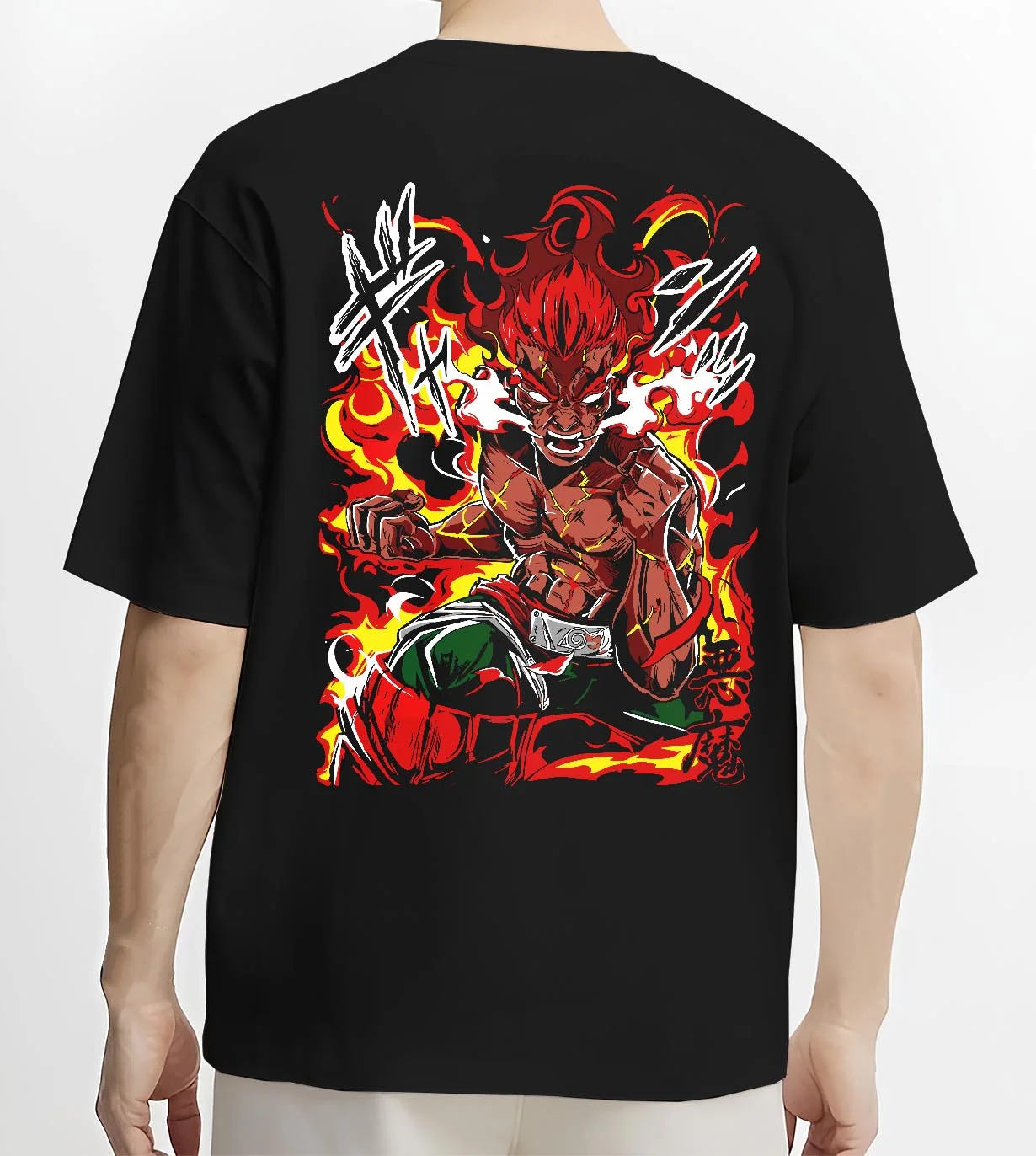 Black T-shirt worn by male model, back view, featuring anime poster inspired Might Guy artwork with Japanese animation streetwear style.