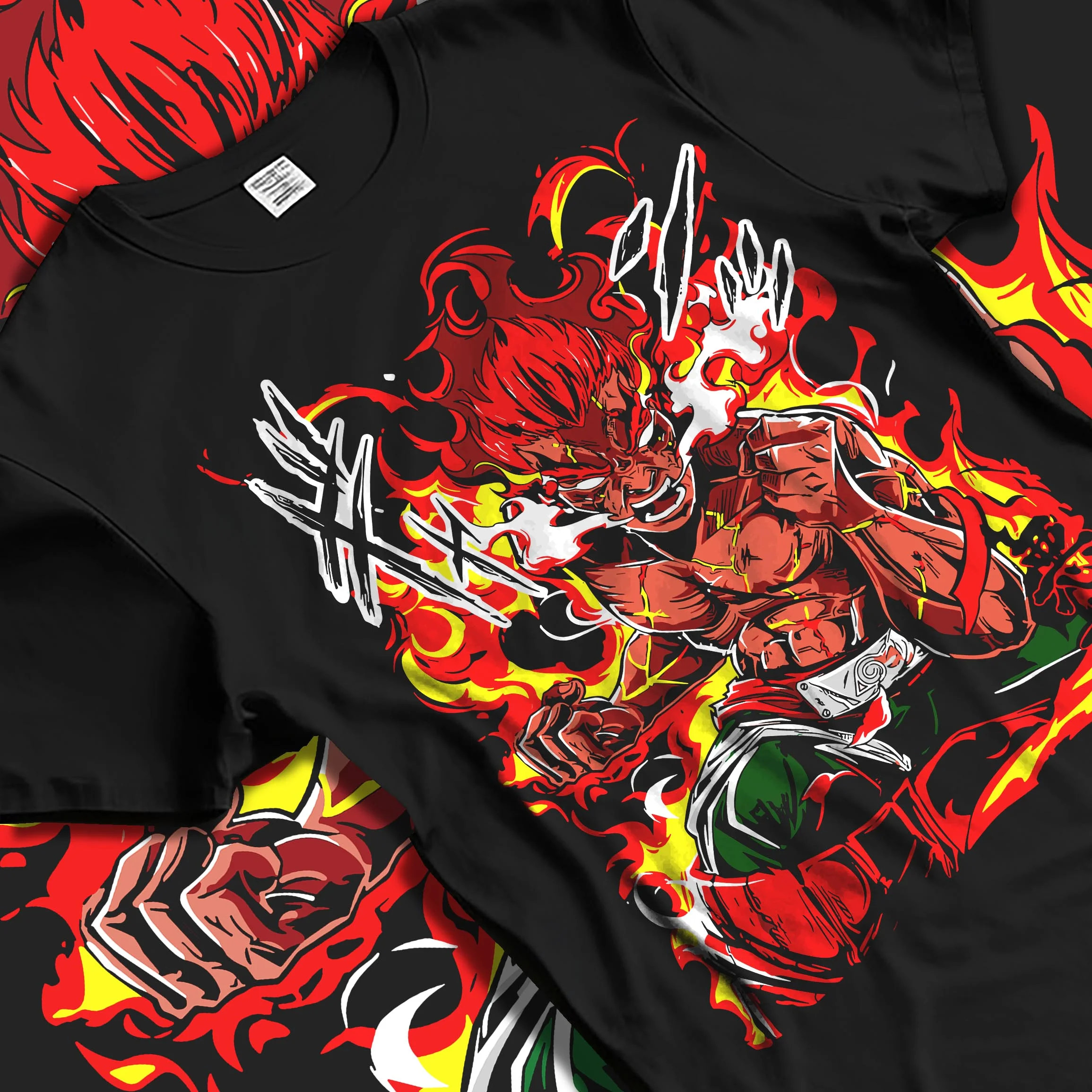 Black T-shirt laid flat with natural folds, showcasing dark manga panel style artwork of Might Guy surrounded by blazing flames.