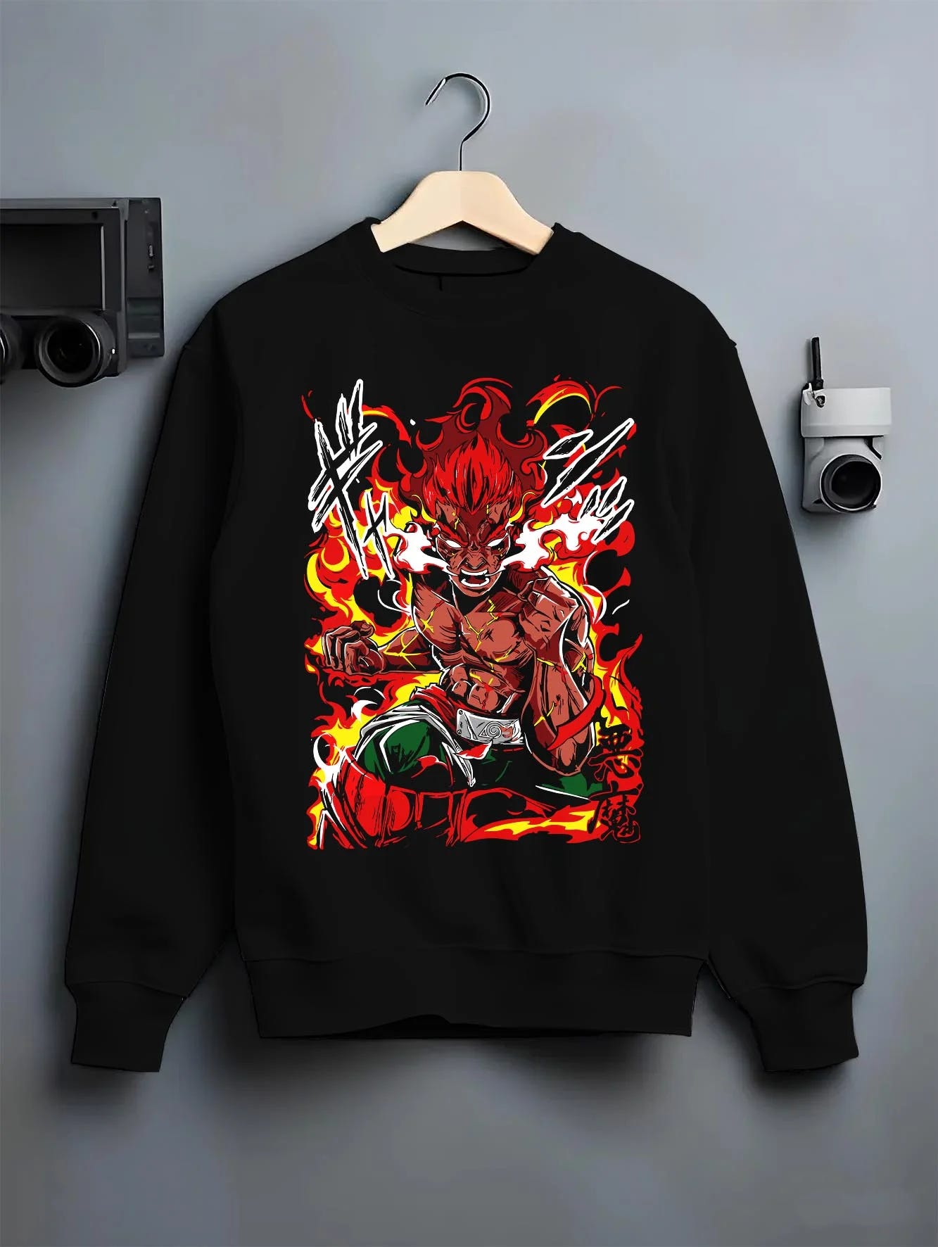 Black crewneck sweatshirt on hanger, featuring shonen battle character Might Guy in fiery Eighth Gate pose with retro streetwear graphic.