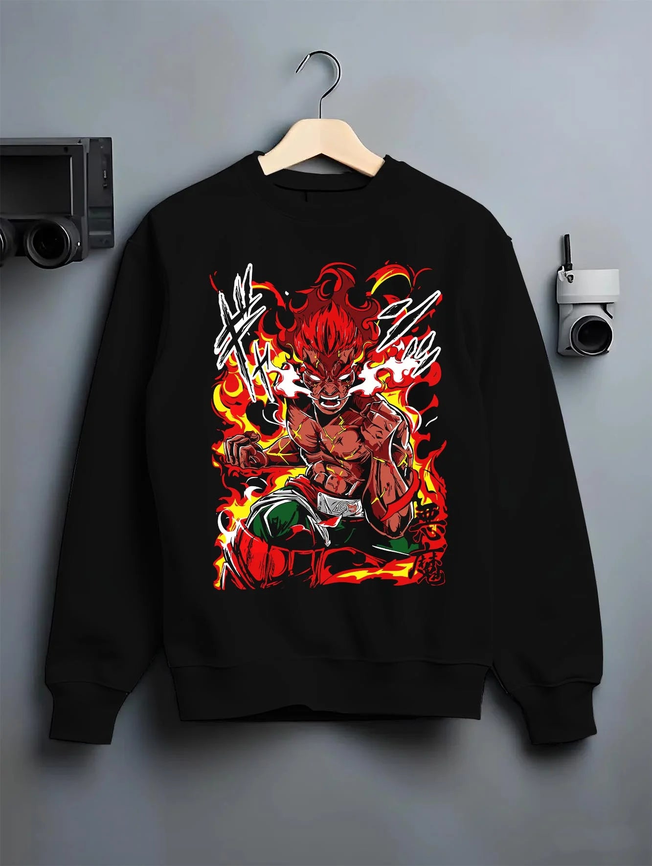 Black crewneck sweatshirt on hanger, featuring shonen battle character Might Guy in fiery Eighth Gate pose with retro streetwear graphic.