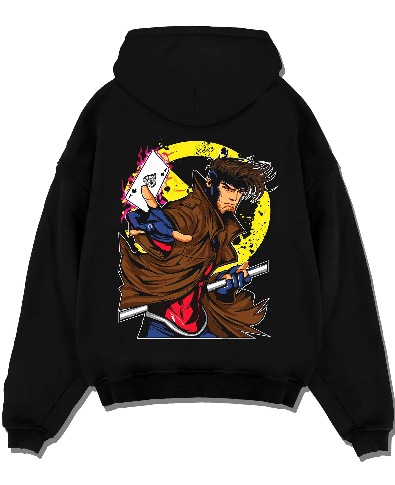 Black pullover hoodie laid flat with Yu Gi Oh Hoodie Gambit Yami Yugi Duelist Jumper graphic streetwear graphic.