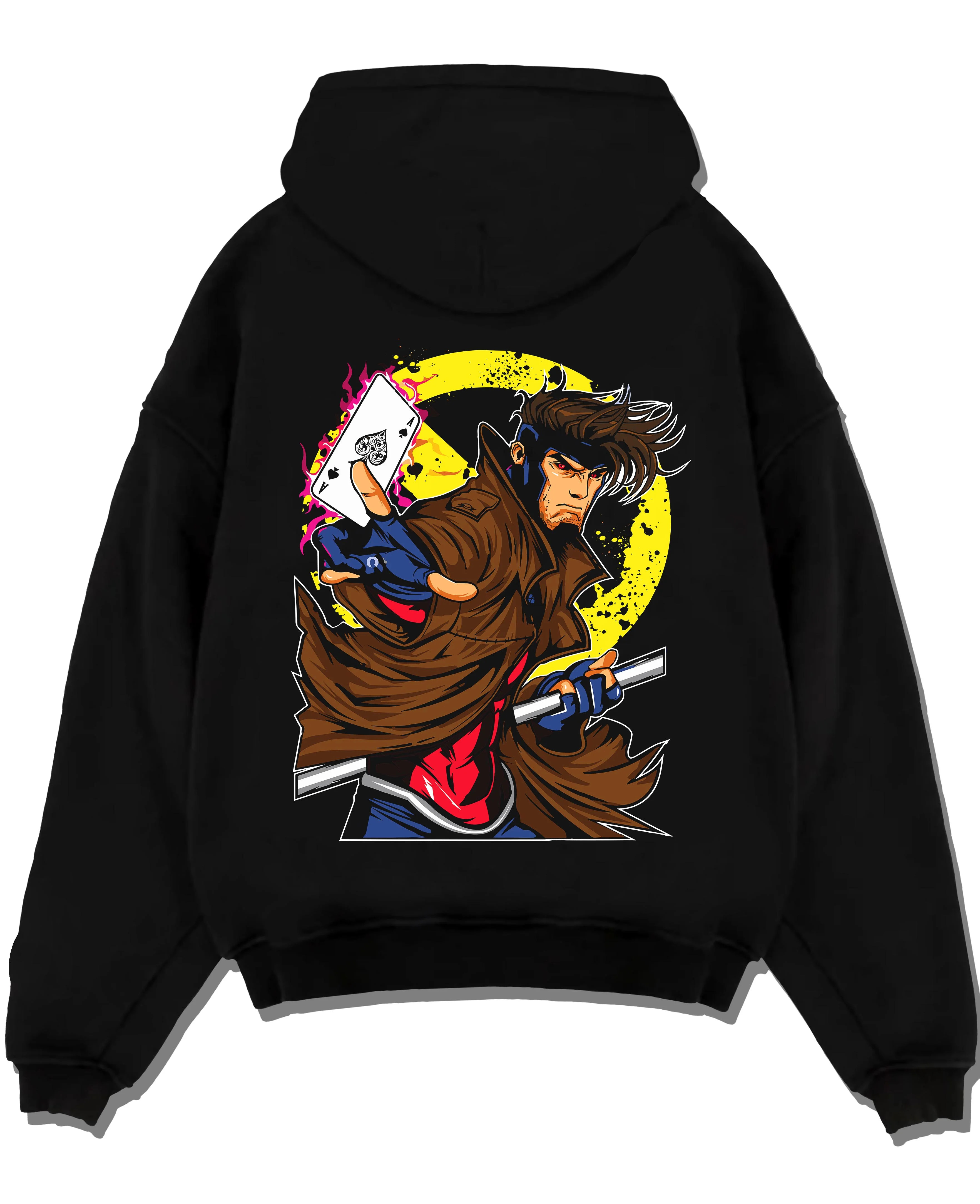 Black pullover hoodie laid flat with Yu Gi Oh Hoodie Gambit Yami Yugi Duelist Jumper graphic streetwear graphic.