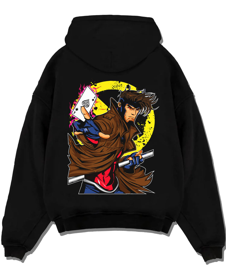 Black pullover hoodie laid flat with Yu Gi Oh Hoodie Gambit Yami Yugi Duelist Jumper graphic streetwear graphic.