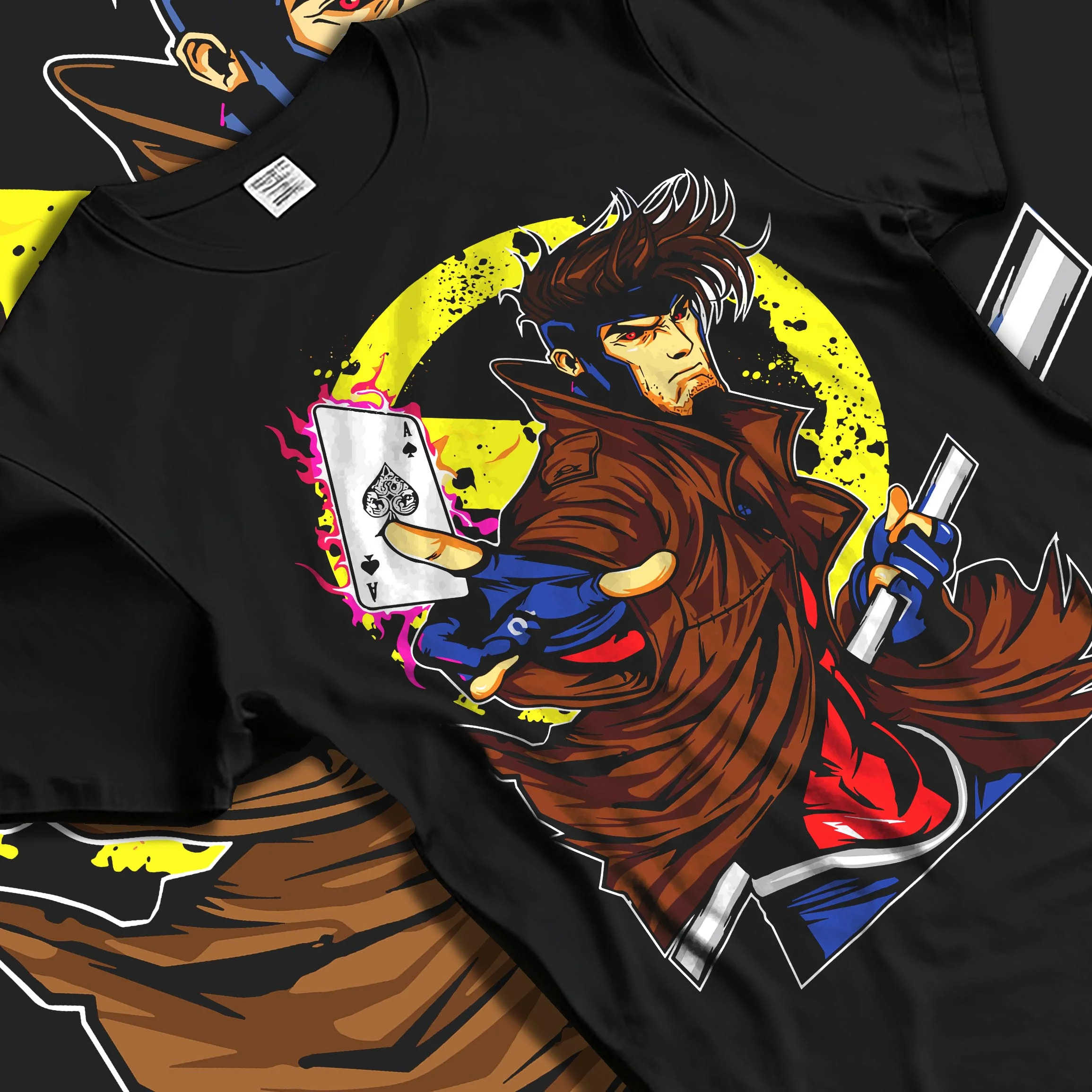 Black T-shirt laid flat with natural folds with Yu Gi Oh Hoodie Gambit Yami Yugi Duelist Jumper graphic streetwear graphic.