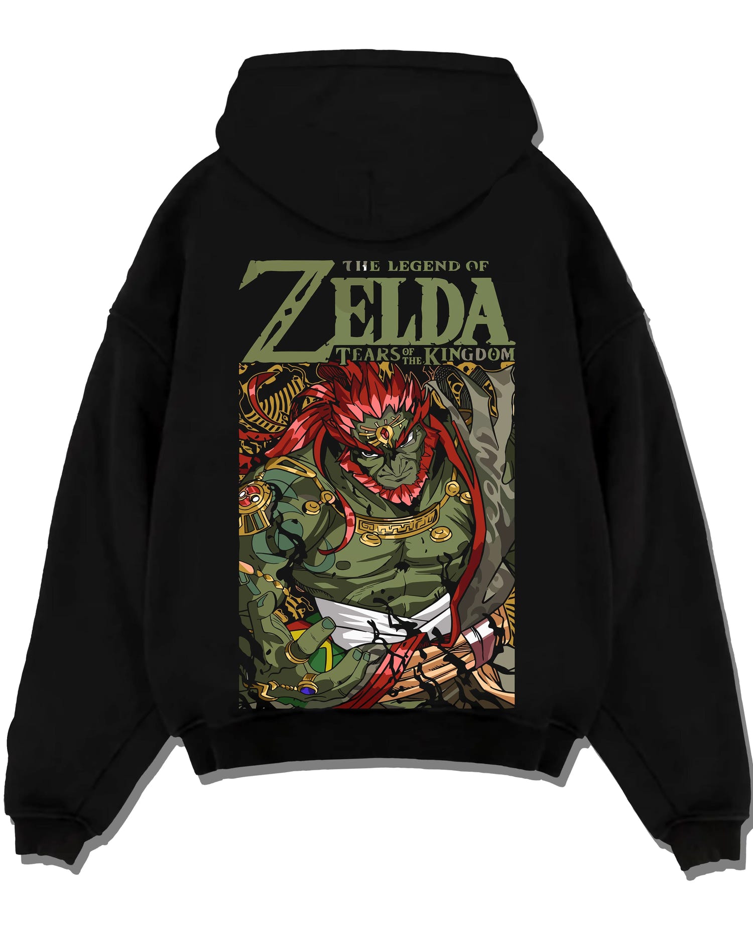 Black pullover hoodie laid flat with Legend of Zelda Hoodie Ganondorf King Gerudo Jumper graphic bold anime graphic.