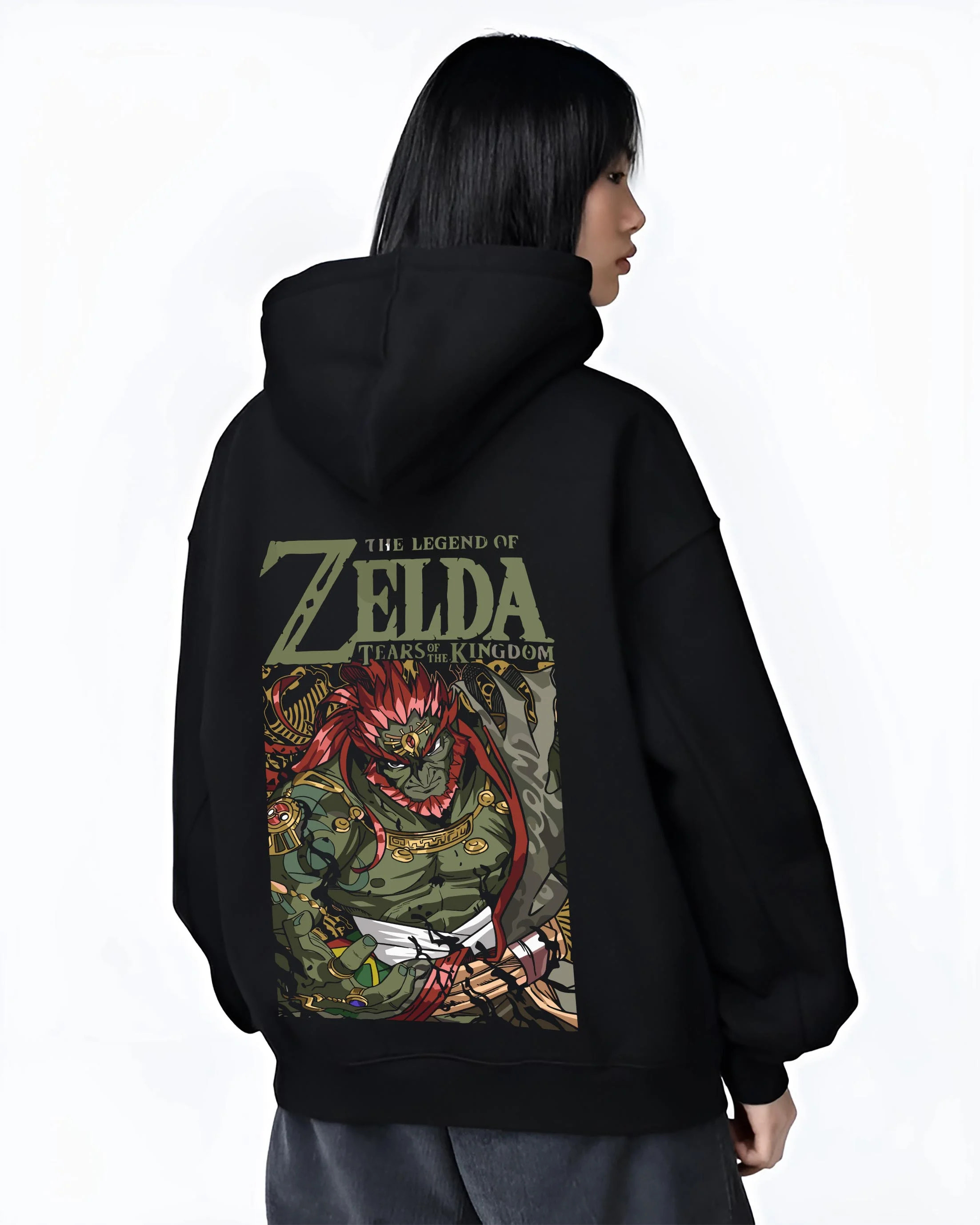 Black hoodie worn by female model, back view with Legend of Zelda Hoodie Ganondorf King Gerudo Jumper graphic premium wear.