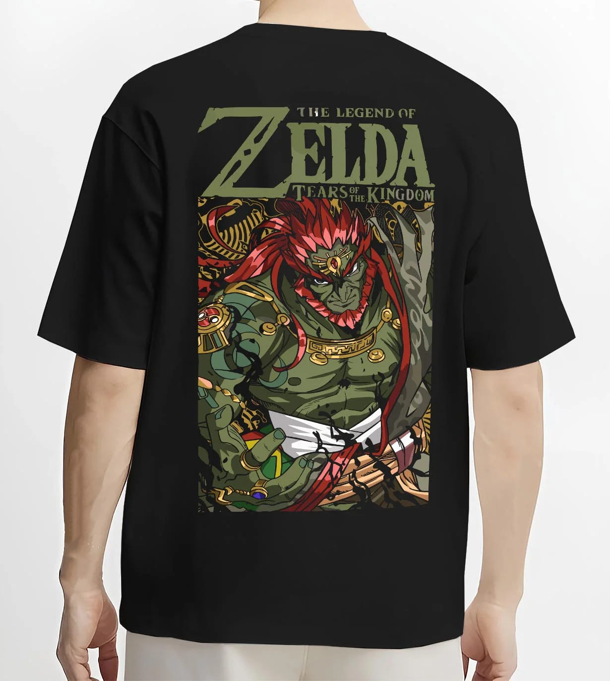 Black T-shirt worn by male model, back view with Legend of Zelda Hoodie Ganondorf King Gerudo Jumper graphic bold anime graphic.