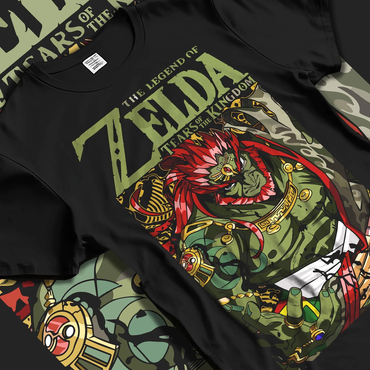 Black T-shirt laid flat with natural folds with Legend of Zelda Hoodie Ganondorf King Gerudo Jumper graphic streetwear graphic.
