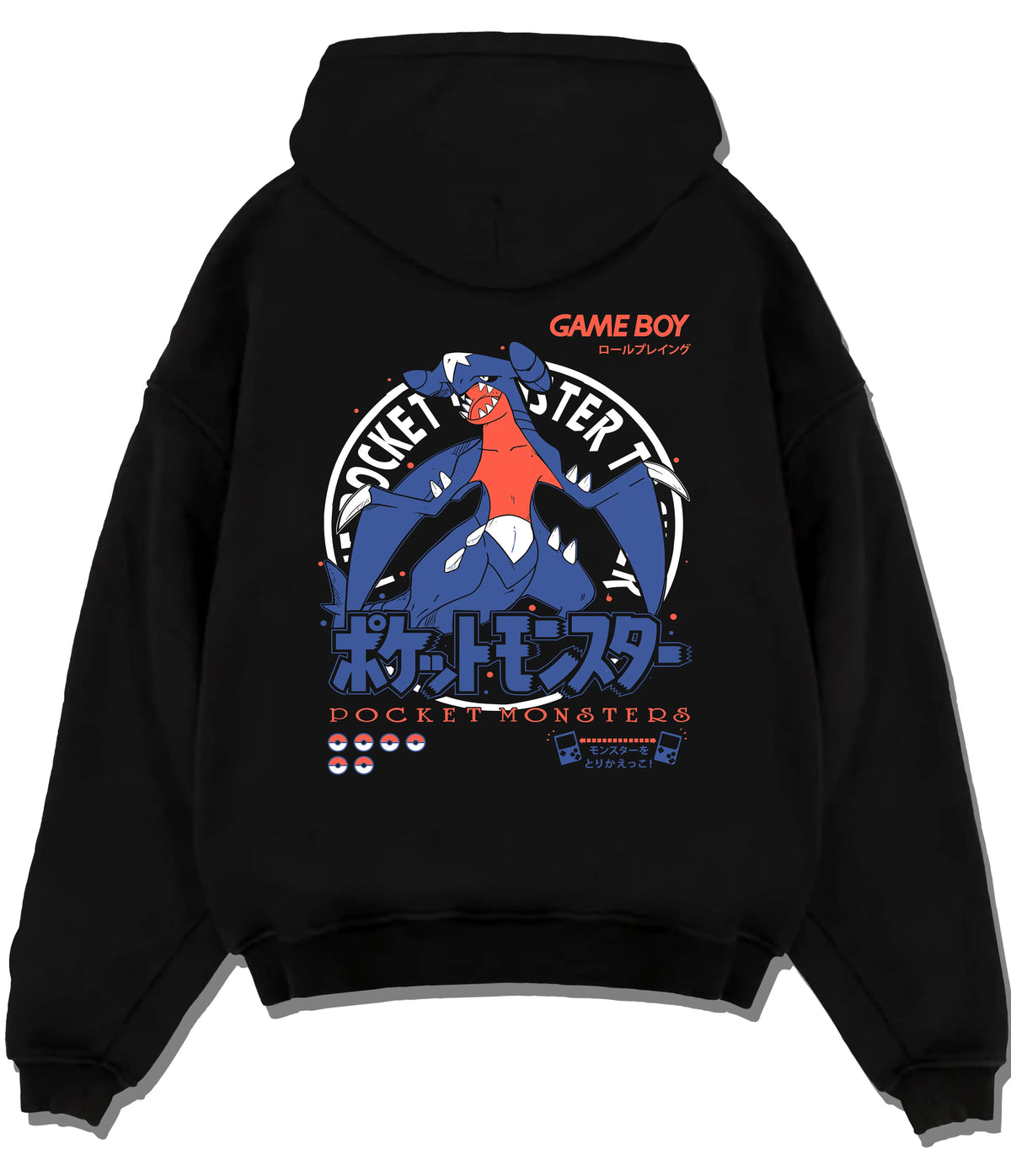 Black hoodie flat back view showing Garchomp from Pokémon: blue dragon Pokémon