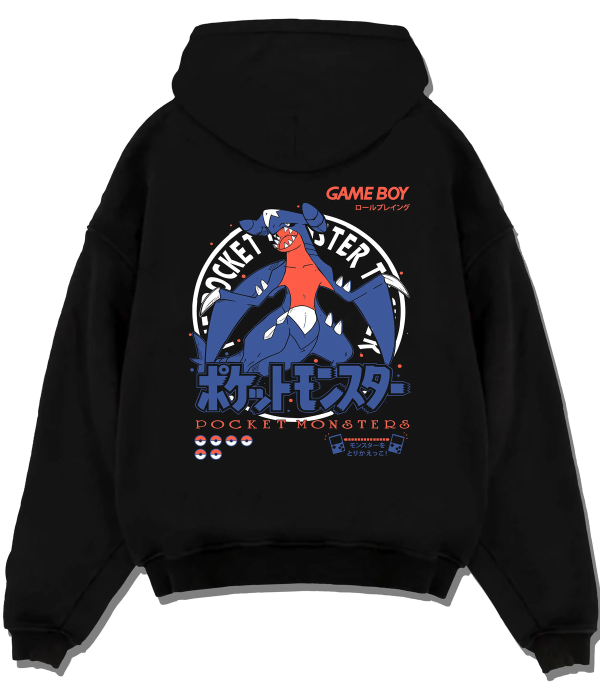 Black hoodie flat back view showing Garchomp from Pokémon: blue dragon Pokémon