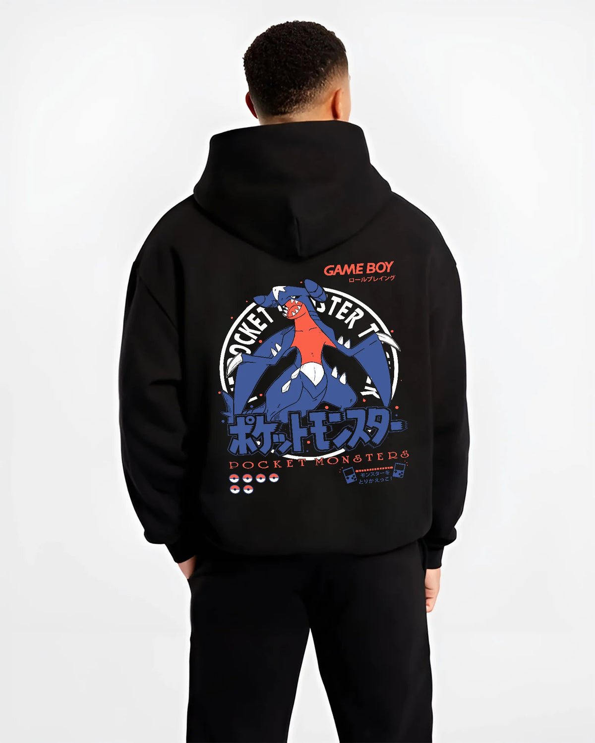 Black hoodie model back view showing Garchomp from Pokémon: blue dragon Pokémon