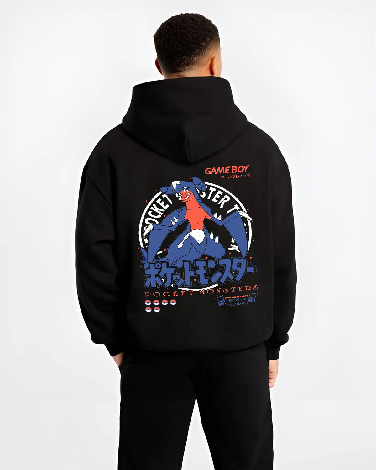 Black hoodie model back view showing Garchomp from Pokémon: blue dragon Pokémon