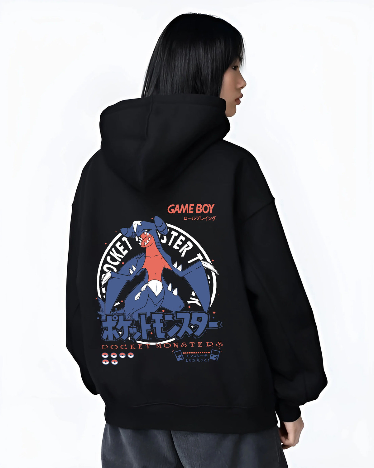 Black hoodie female model back view showing Garchomp from Pokémon: blue dragon Pokémon