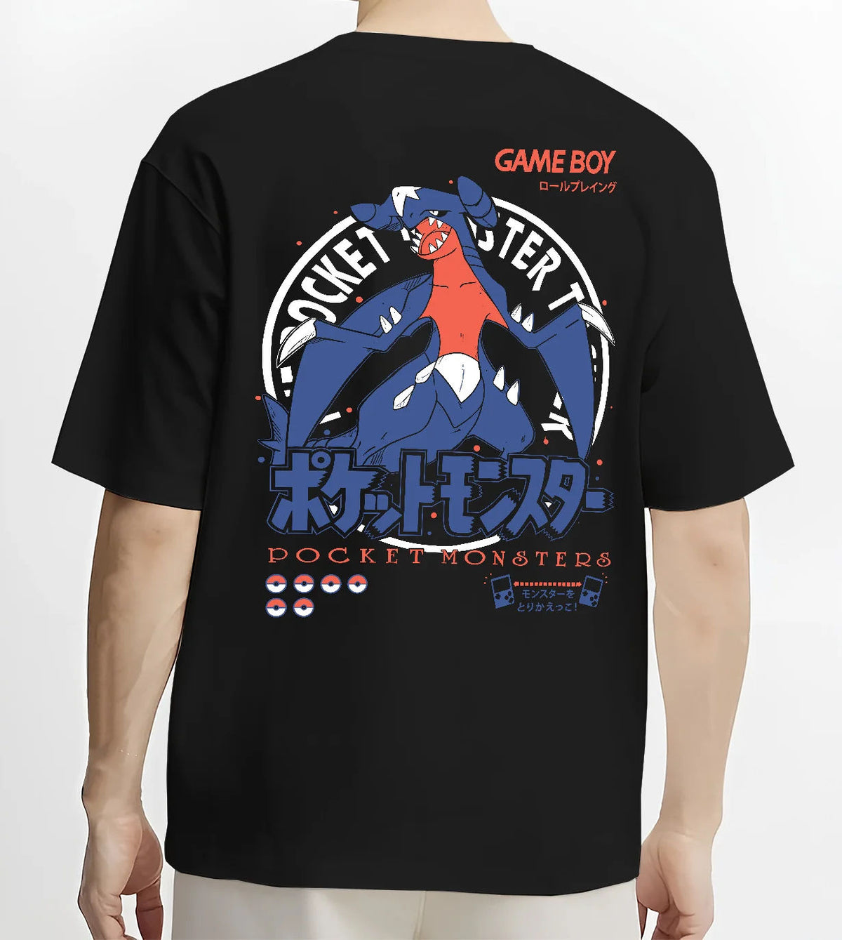 Black T-shirt model back view showing Garchomp from Pokémon: blue dragon Pokémon