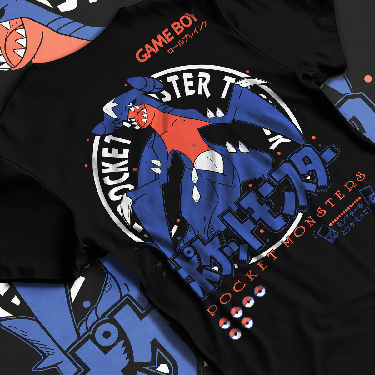 Black T-shirt flat back view showing Garchomp from Pokémon: blue dragon Pokémon