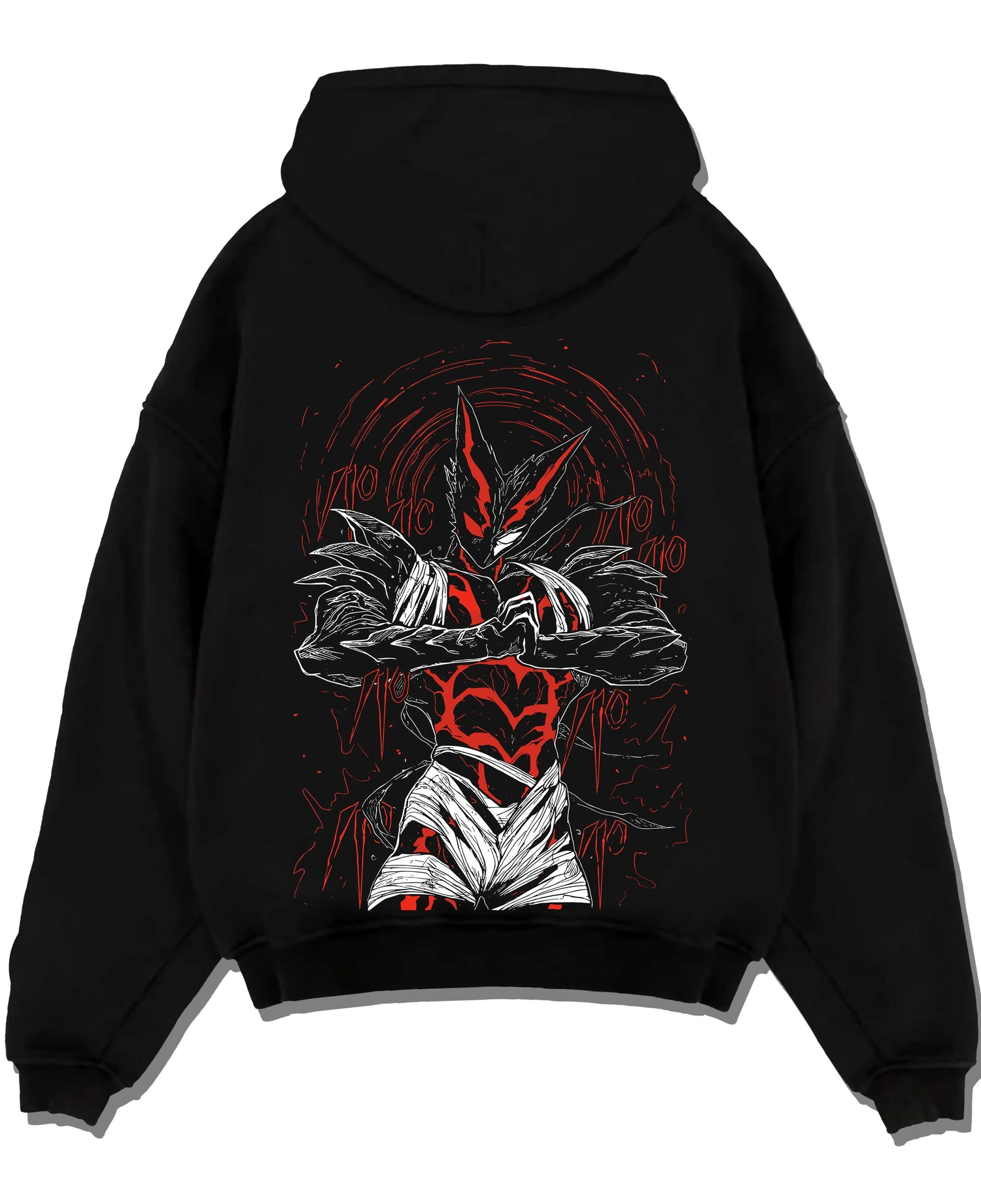 Black pullover hoodie laid flat, featuring Garou in monster form with anime poster inspired battle artwork in red and black.