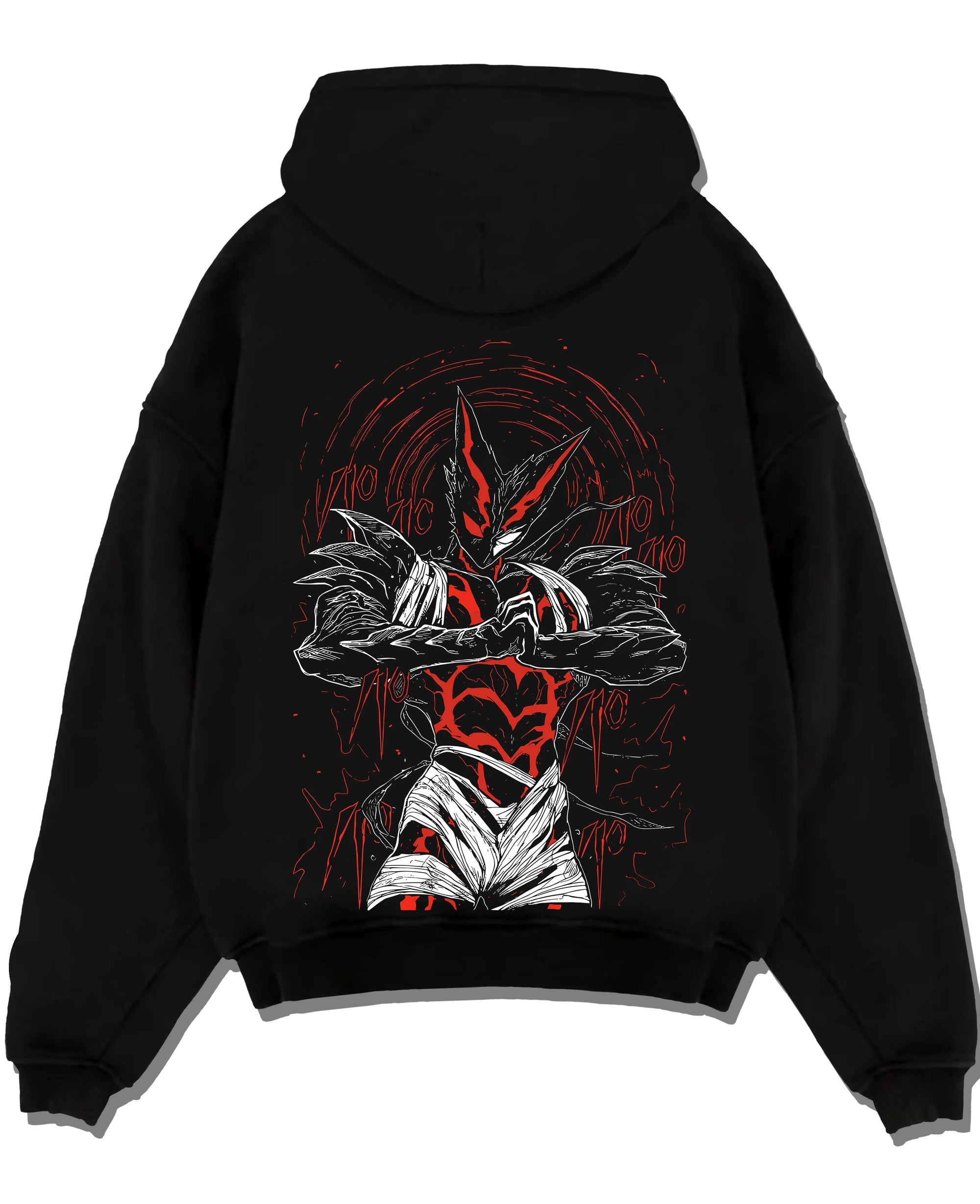 Black pullover hoodie laid flat, featuring Garou in monster form with anime poster inspired battle artwork in red and black.