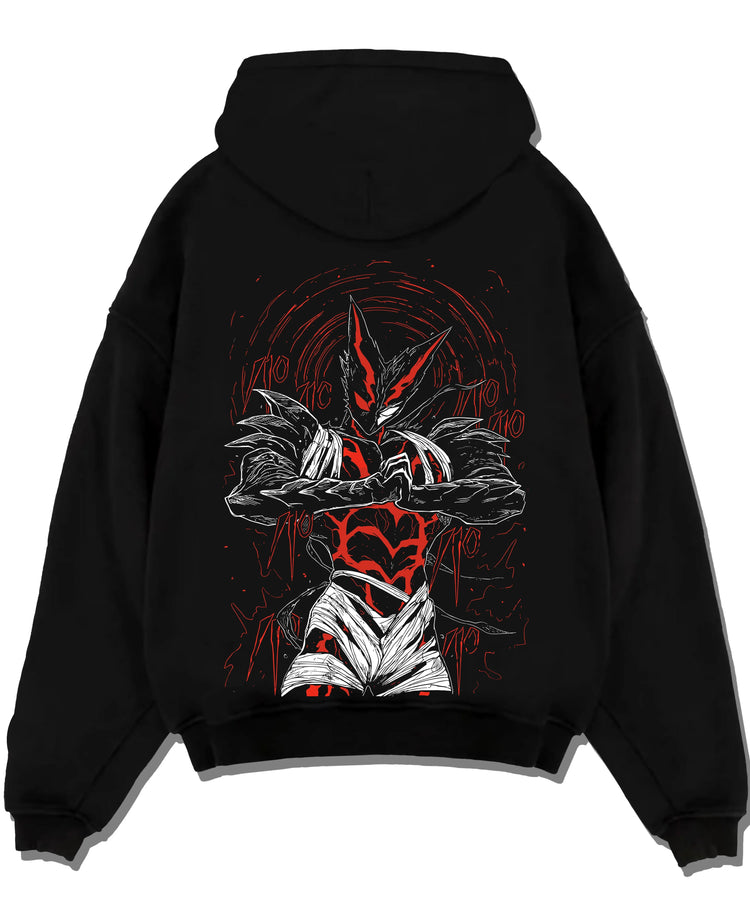 Black pullover hoodie laid flat, featuring Garou in monster form with anime poster inspired battle artwork in red and black.