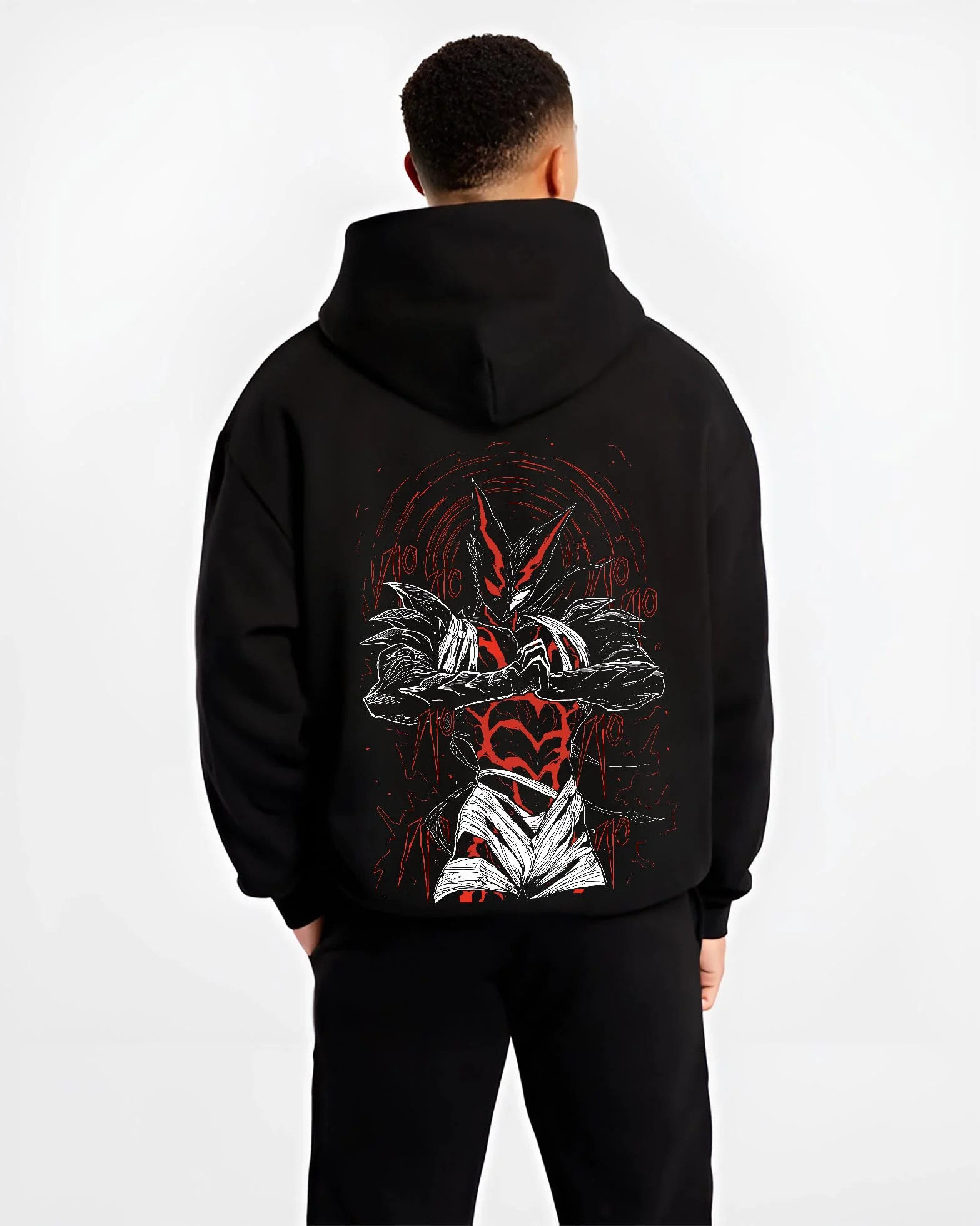 Black hoodie worn by male model, back view, showing retro manga graphic of Garou’s monstrous stance from One Punch Man.