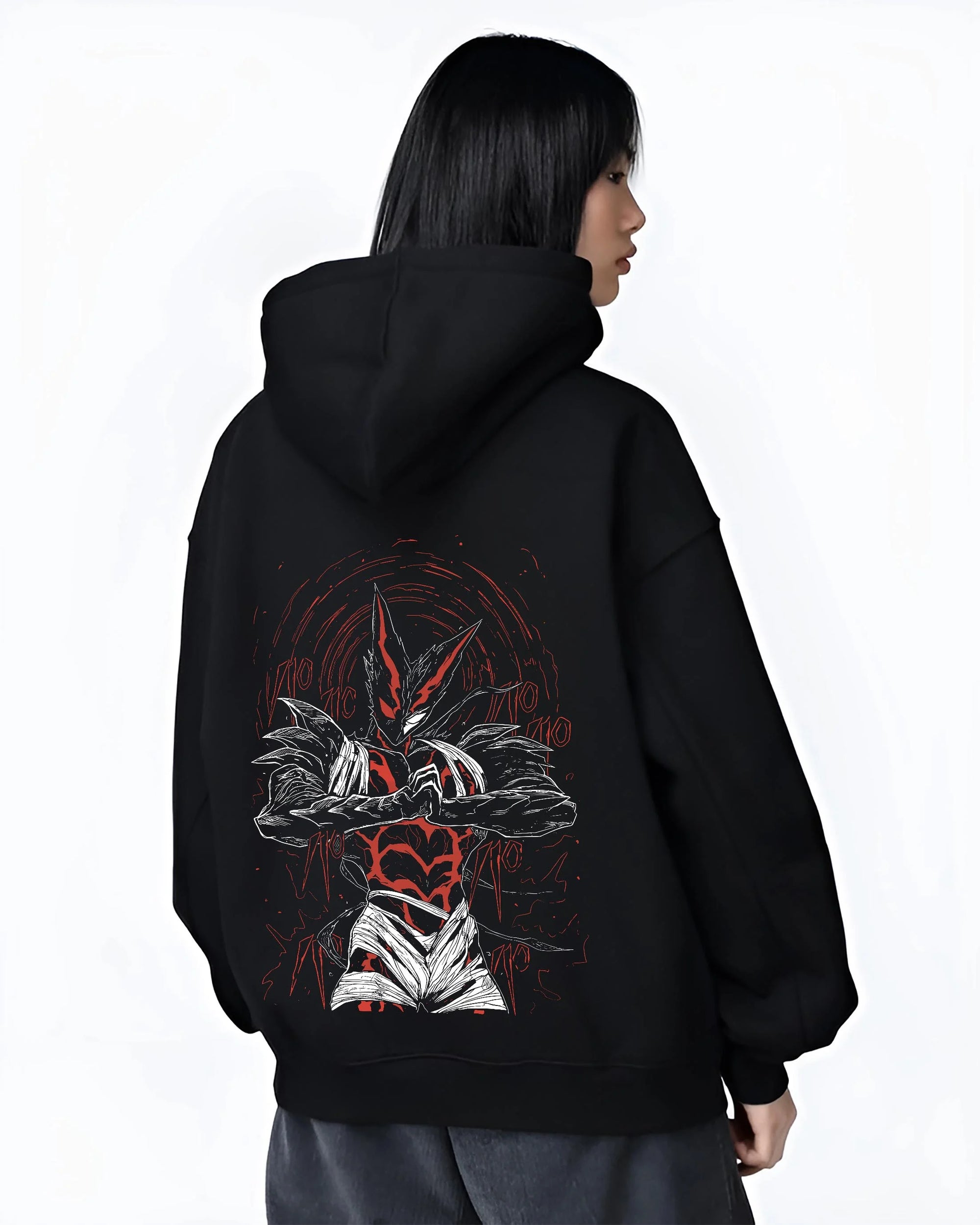 Black hoodie worn by female model, back view, featuring shonen battle character artwork of Garou with dark manga panel inspired design.