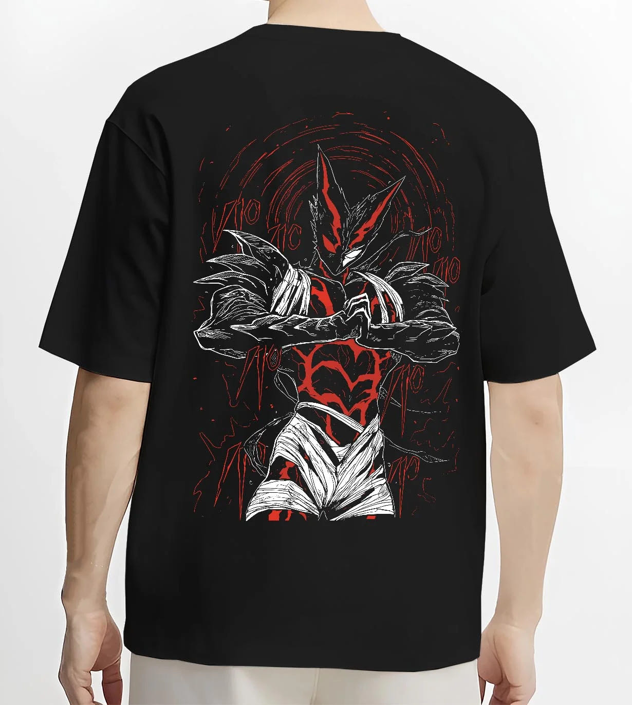 Black T-shirt worn by male model, back view, featuring Japanese animation streetwear artwork of Garou in striking battle form.