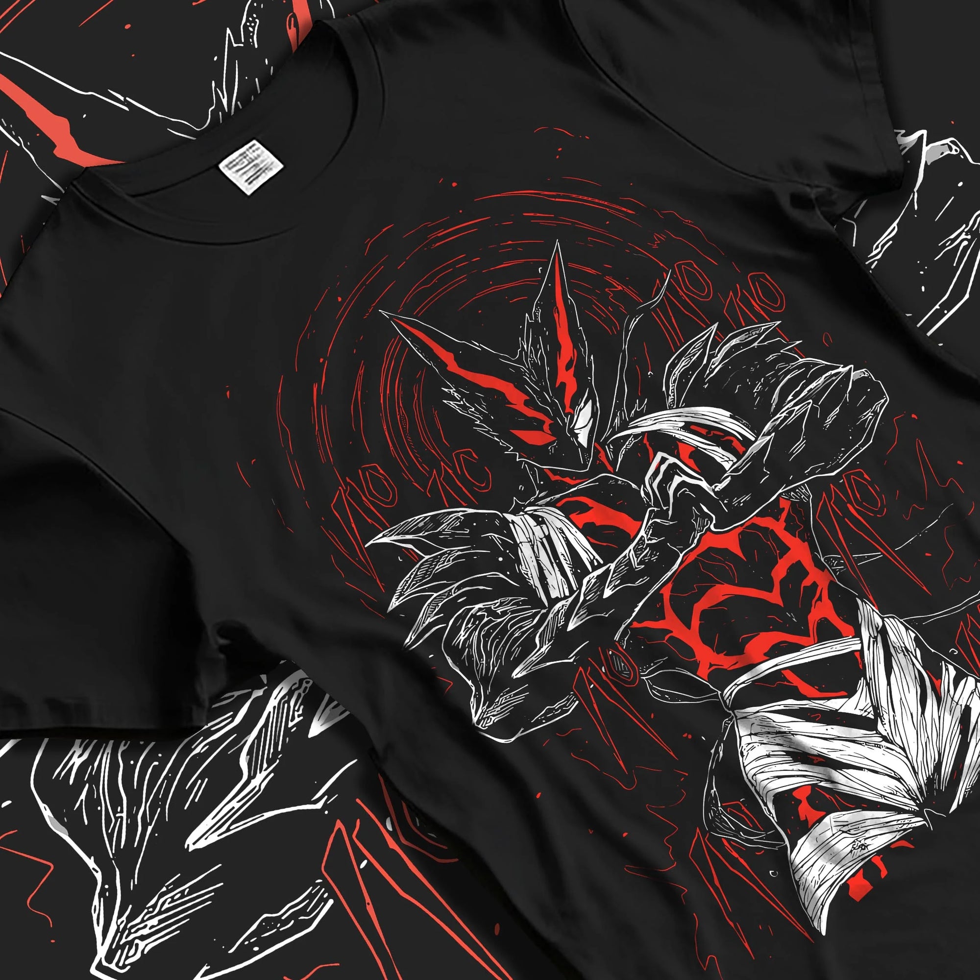 Black T-shirt laid flat with natural folds, showing anime poster inspired Garou design in bold red and black print.
