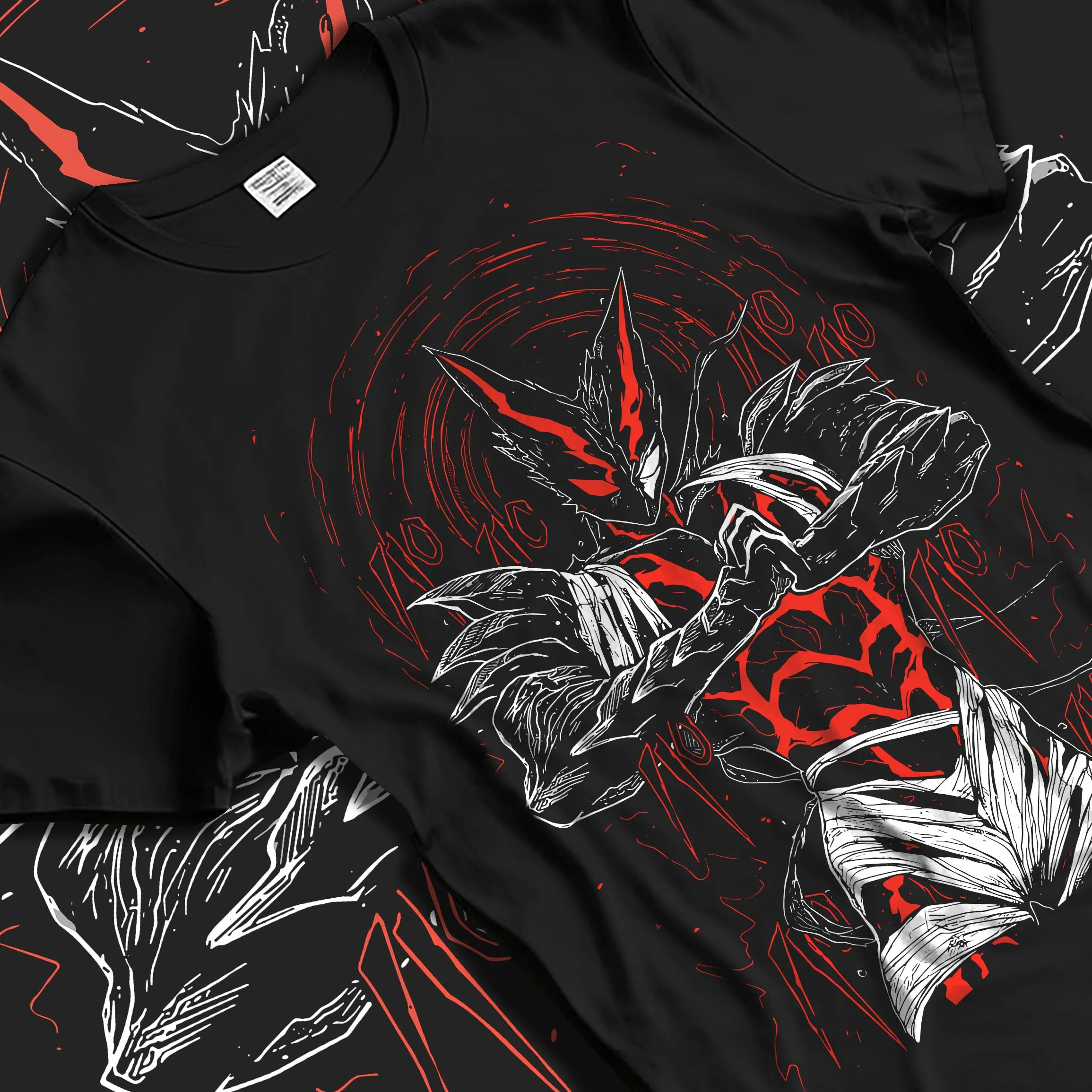 Black T-shirt laid flat with natural folds, showing anime poster inspired Garou design in bold red and black print.
