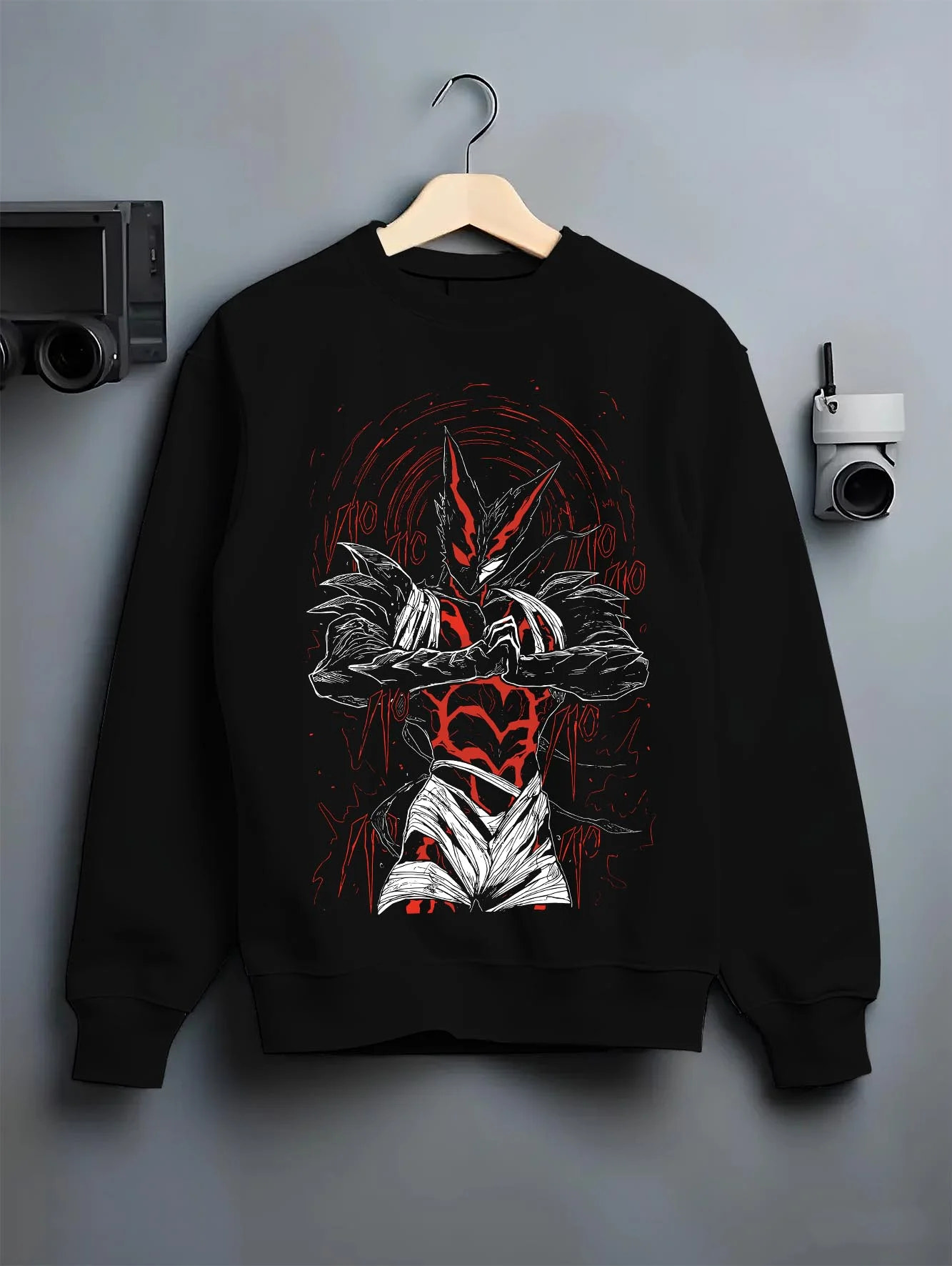 Black crewneck sweatshirt on hanger, featuring retro streetwear graphic of Garou’s monster form from One Punch Man.