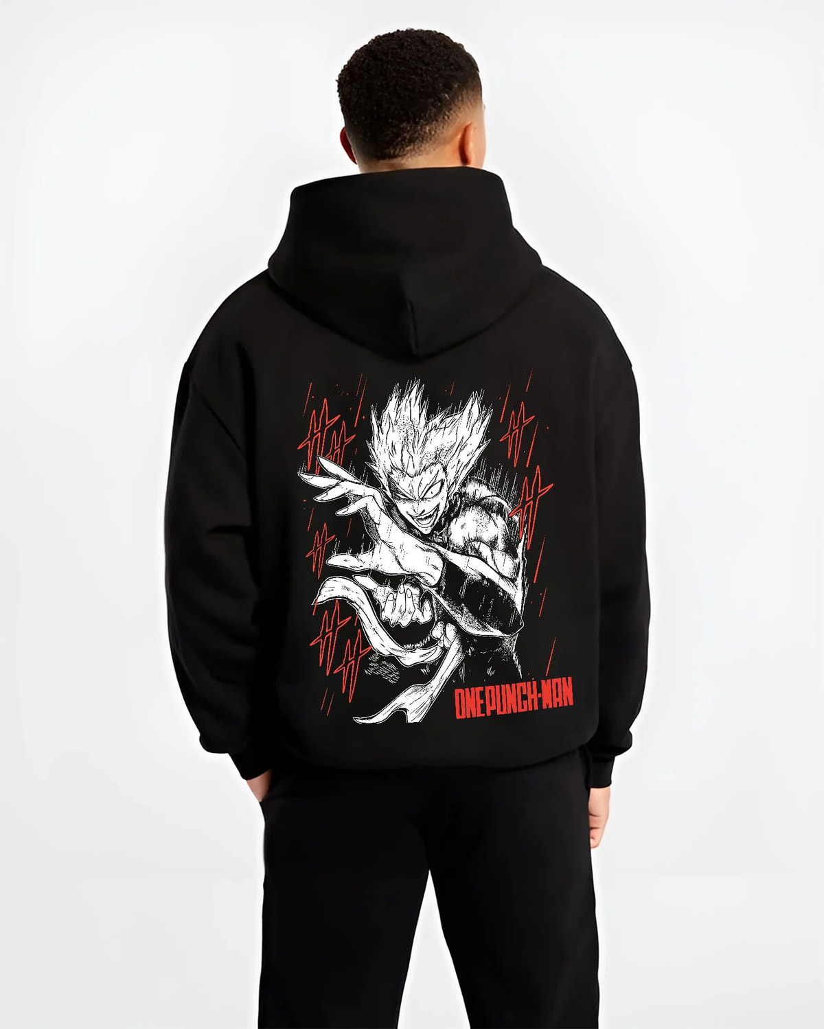 Black hoodie model back view showing Garou roaring from One Punch Man: monster transformation