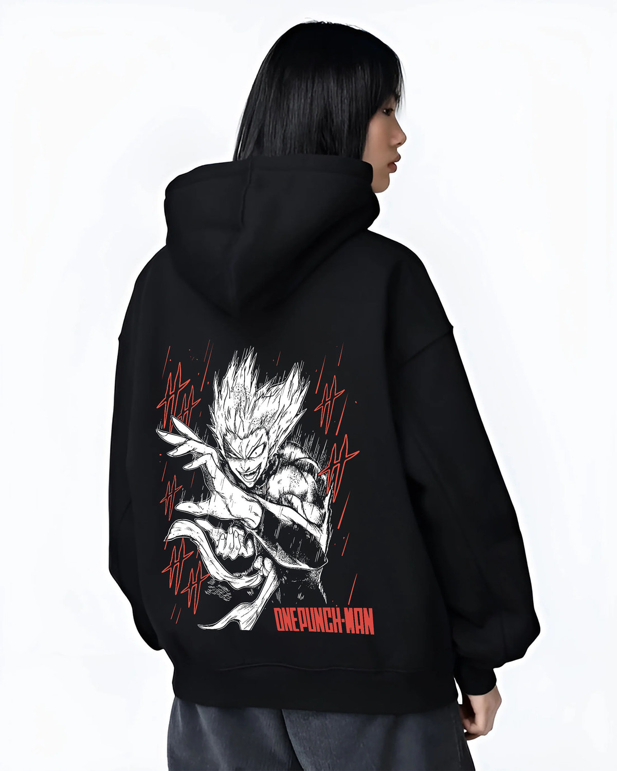 Black hoodie female model back view showing Garou roaring from One Punch Man: monster transformation