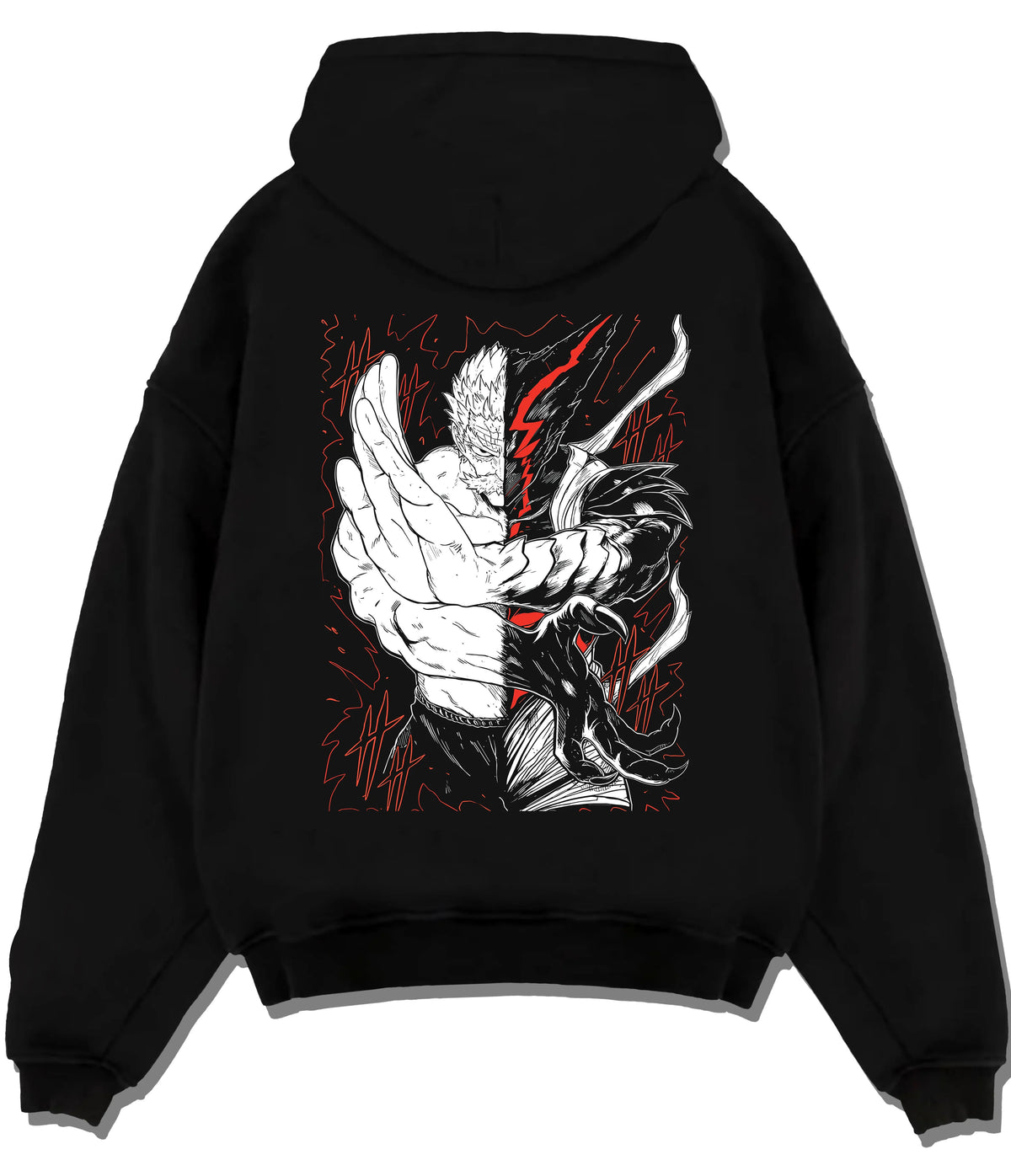 Black hoodie flat back view showing Garou and Bang from One Punch Man: Silver Fang
