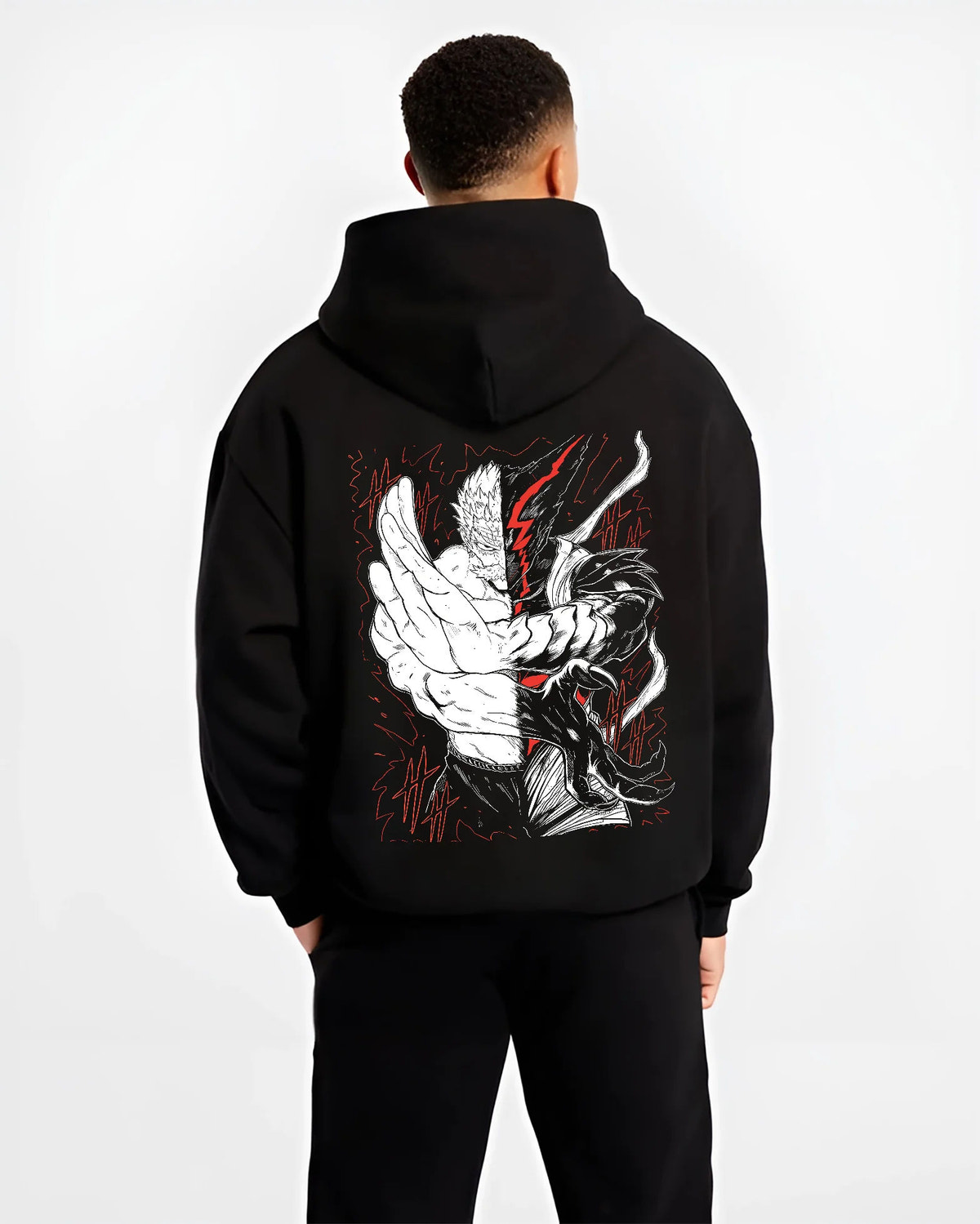 Black hoodie model back view showing Garou and Bang from One Punch Man: Silver Fang