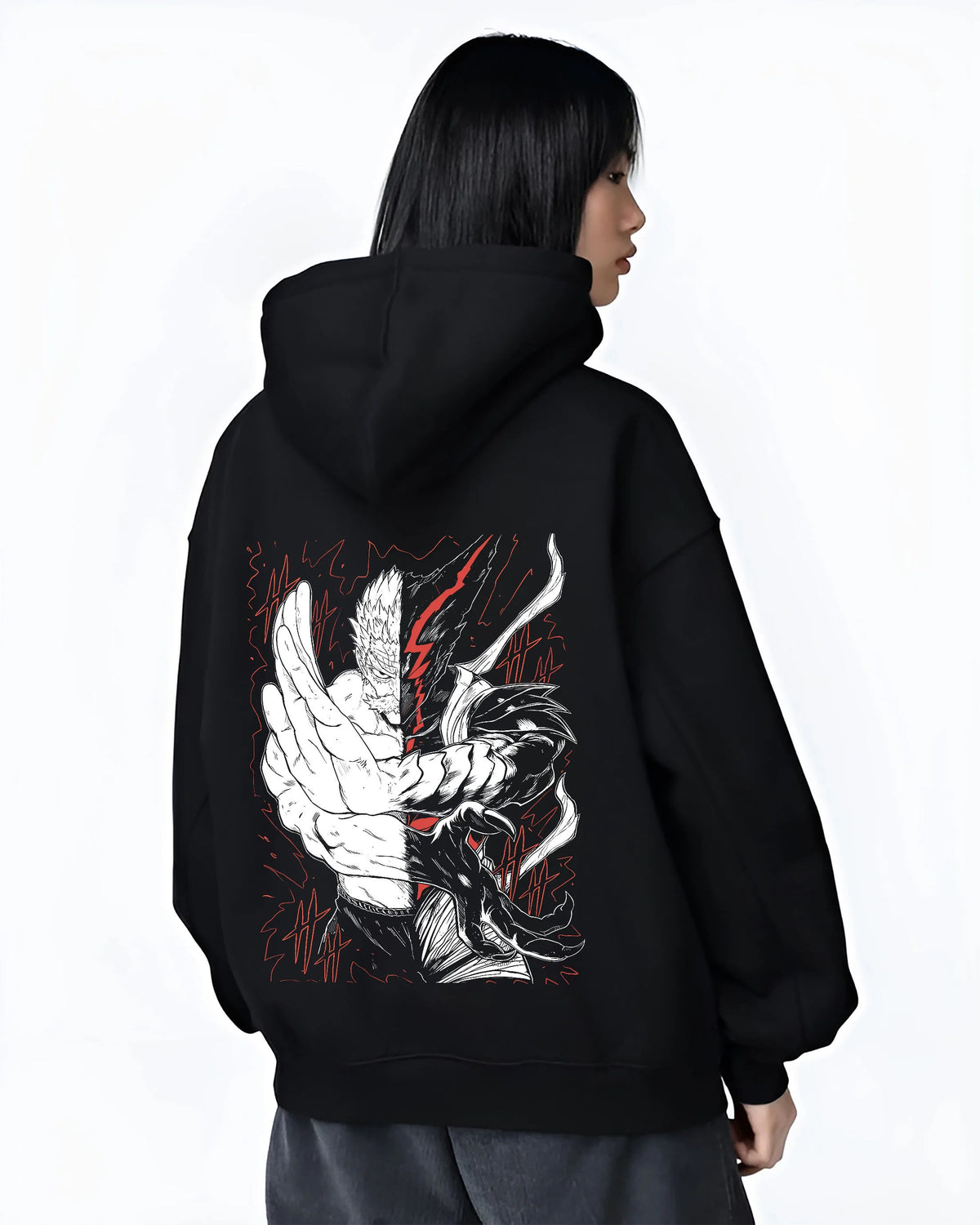 Black hoodie female model back view showing Garou and Bang from One Punch Man: Silver Fang