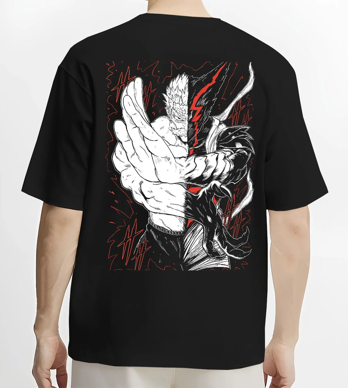 Black T-shirt model back view showing Garou and Bang from One Punch Man: Silver Fang
